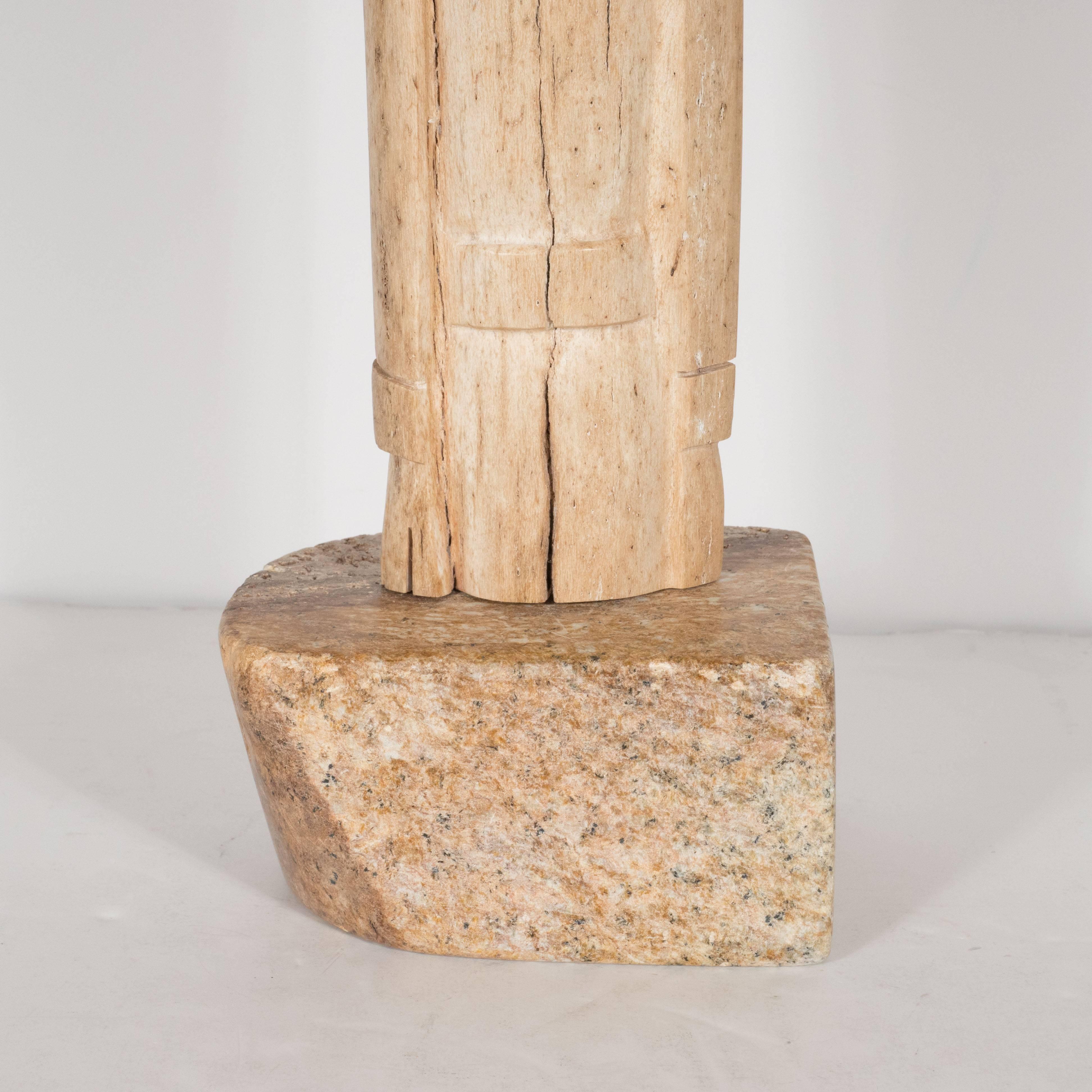 Midcentury Carved Inuit TOTEM in Birch with Circular Mother-of-Pearl Inlay For Sale 1