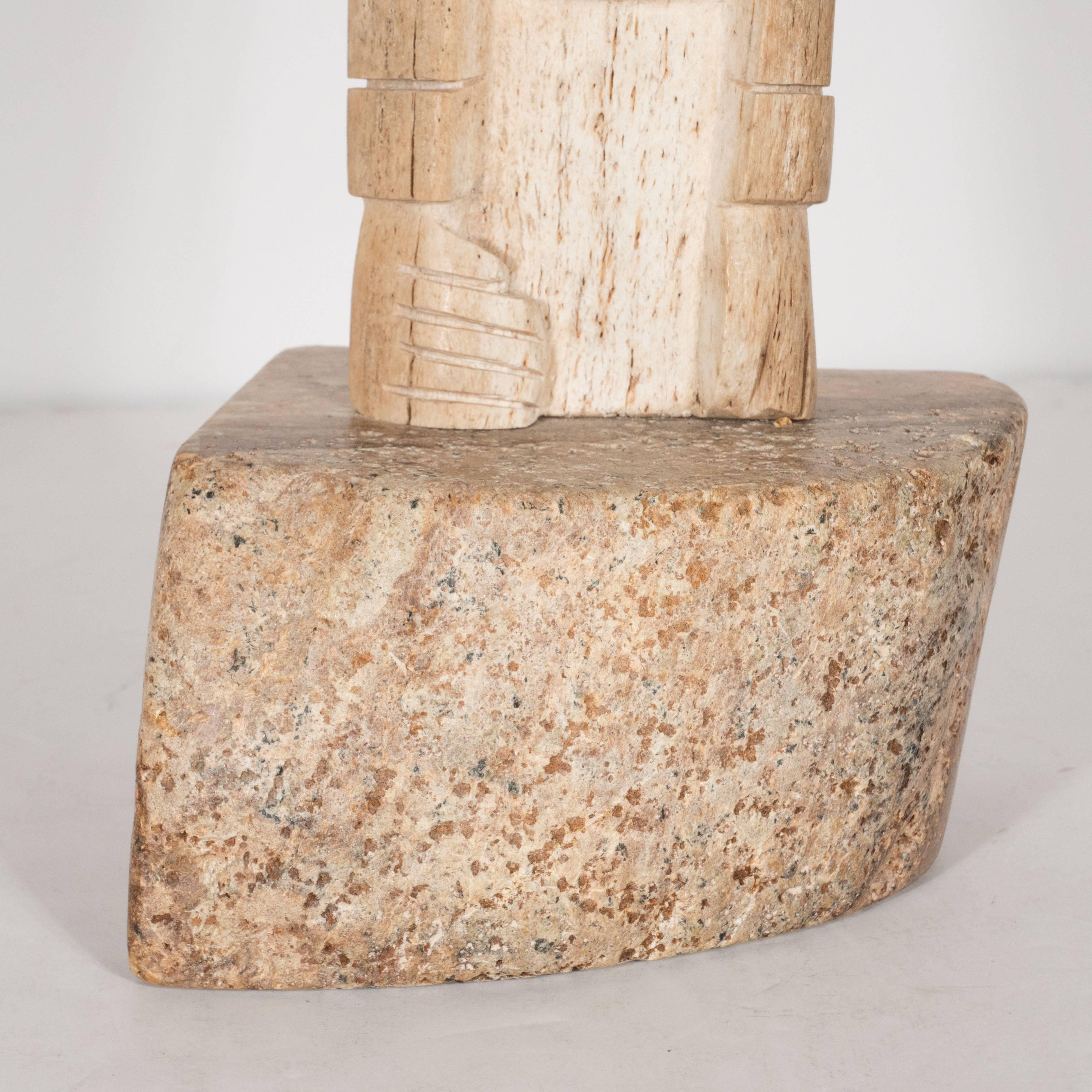 American Midcentury Carved Inuit TOTEM in Birch with Circular Mother-of-Pearl Inlay For Sale