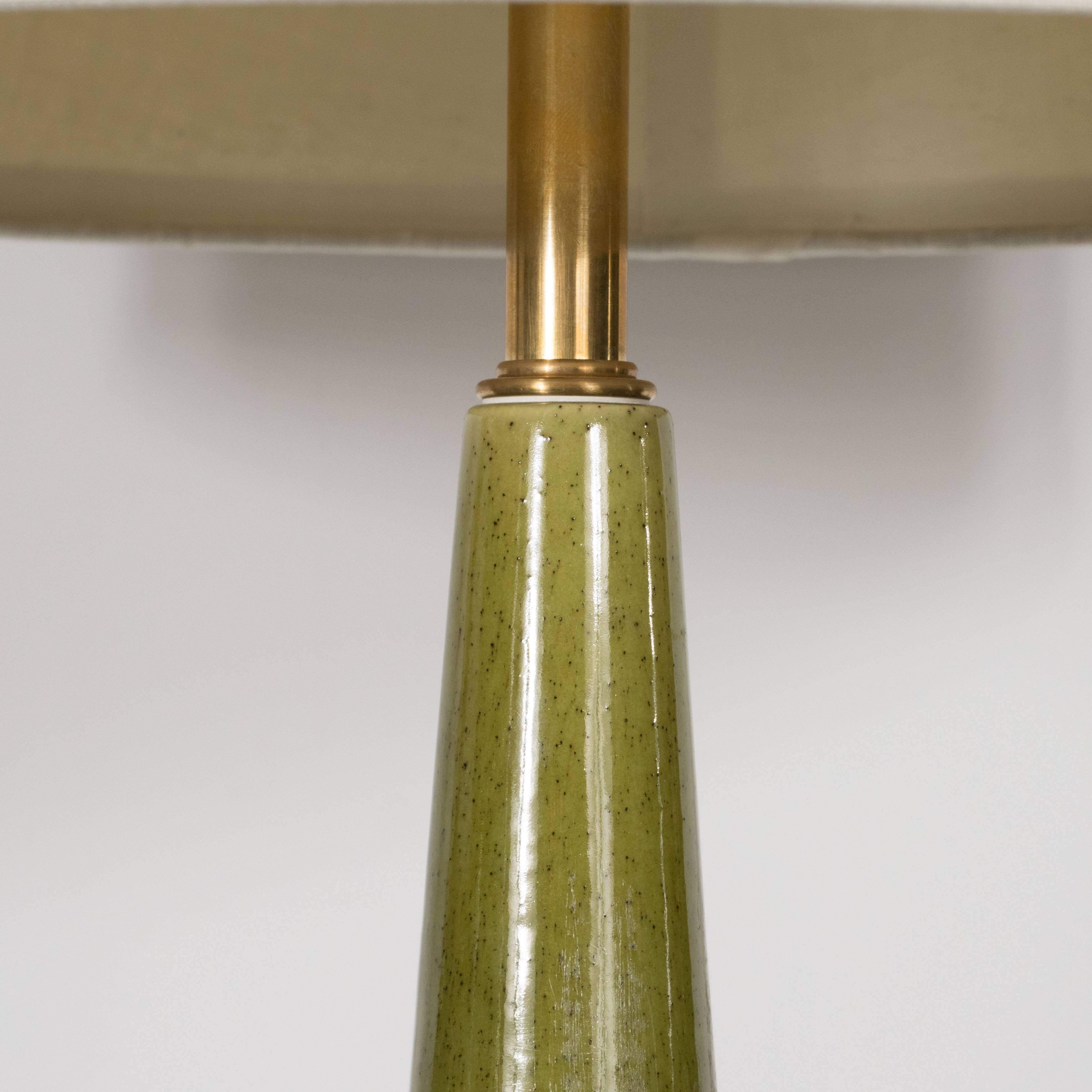 Pair of Mid-Century Modern Glazed Green Olive Ceramic and Brass Table Lamps In Excellent Condition In New York, NY