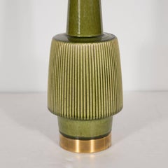 Pair of Mid-Century Modern Glazed Green Olive Ceramic and Brass Table Lamps