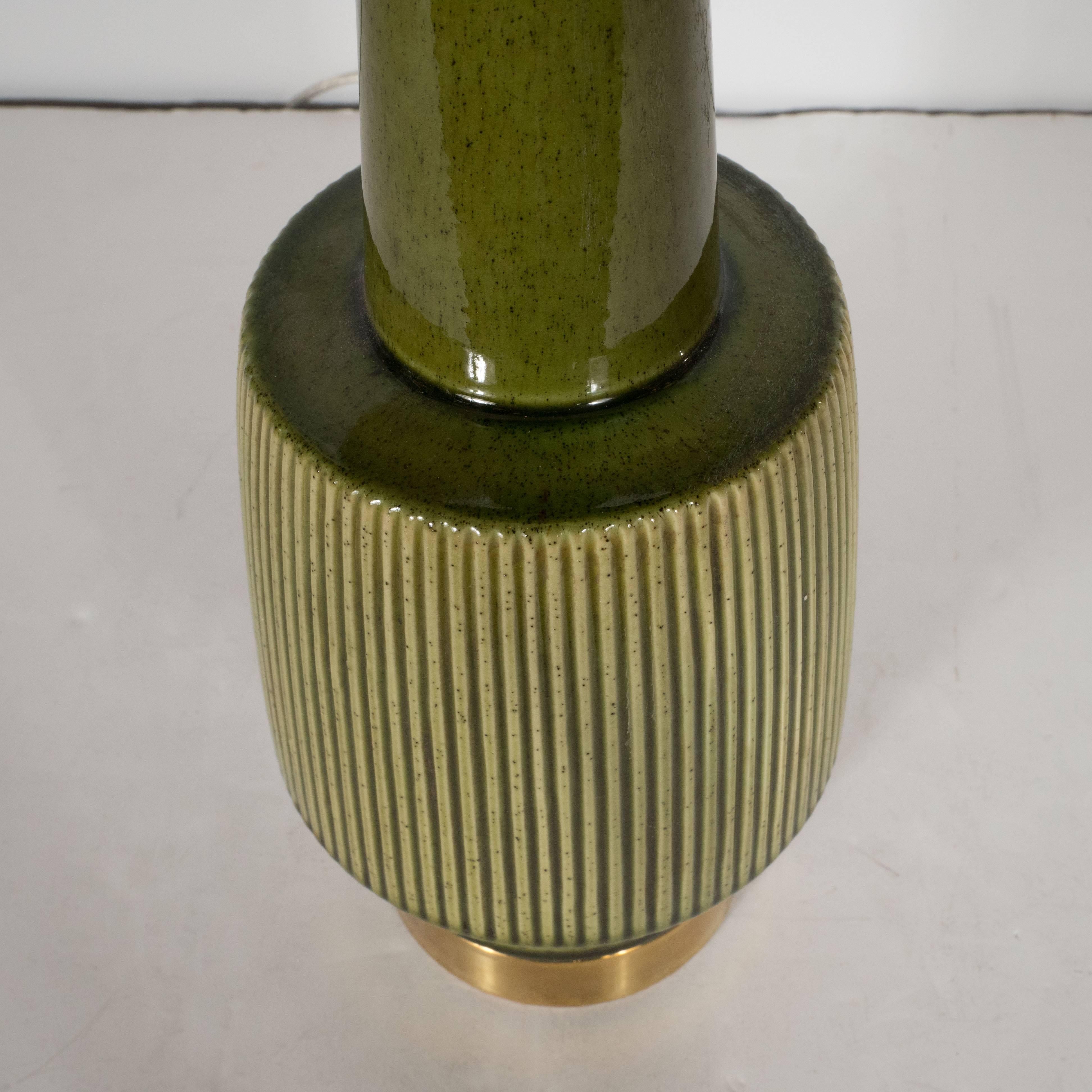 Pair of Mid-Century Modern Glazed Green Olive Ceramic and Brass Table Lamps 2