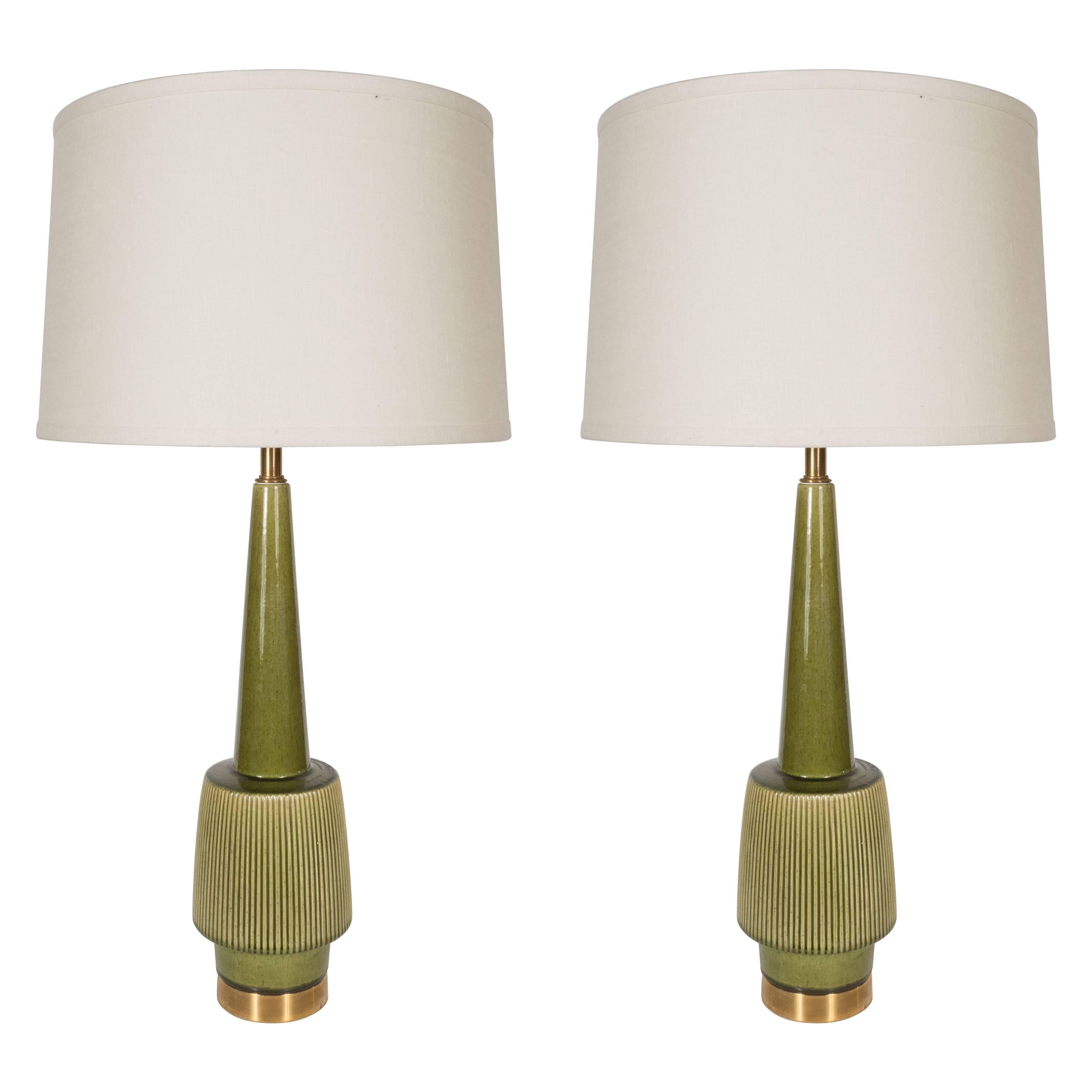 Pair of Mid-Century Modern Glazed Green Olive Ceramic and Brass Table Lamps