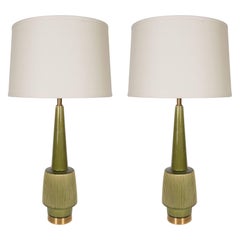Pair of Mid-Century Modern Glazed Green Olive Ceramic and Brass Table Lamps
