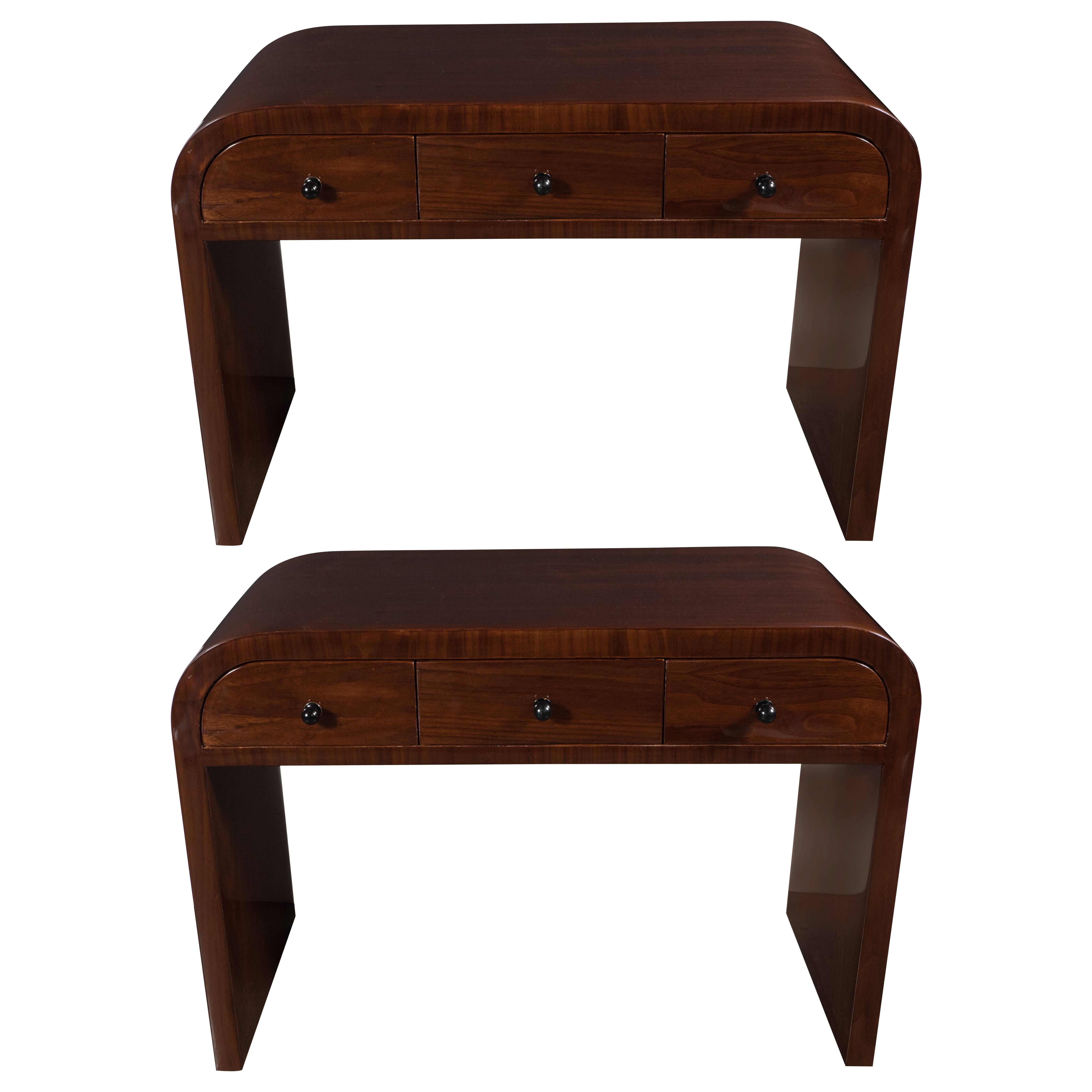 Pair of Art Deco End Tables/Nightstands in Bookmatched Walnut with Lacquer Pulls