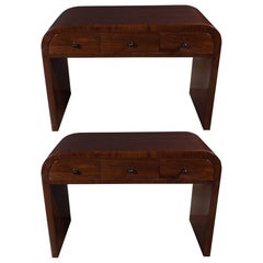 Pair of Art Deco End Tables/Nightstands in Bookmatched Walnut with Lacquer Pulls