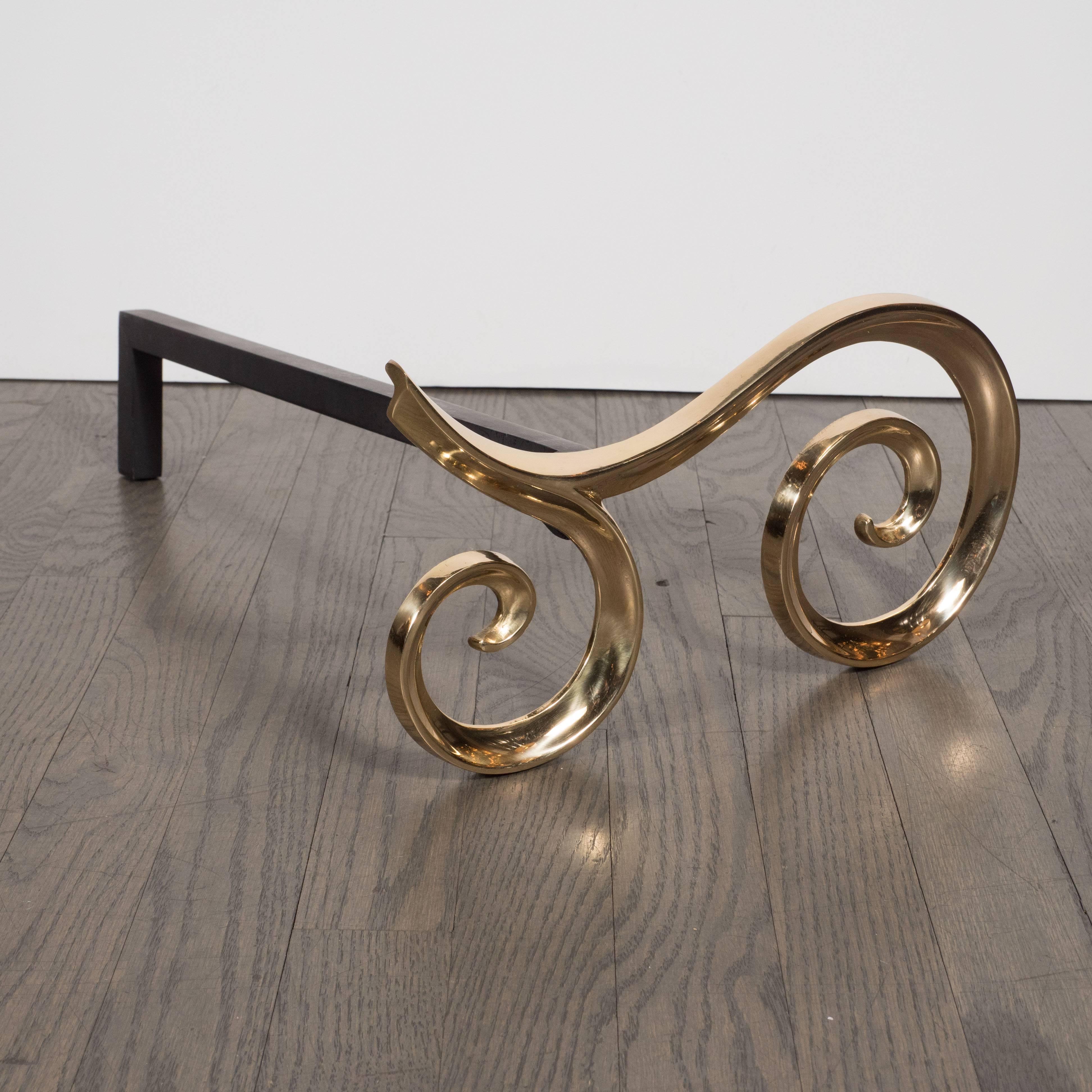 American Modern Brass and Black Iron Scroll Form Andirons For Sale
