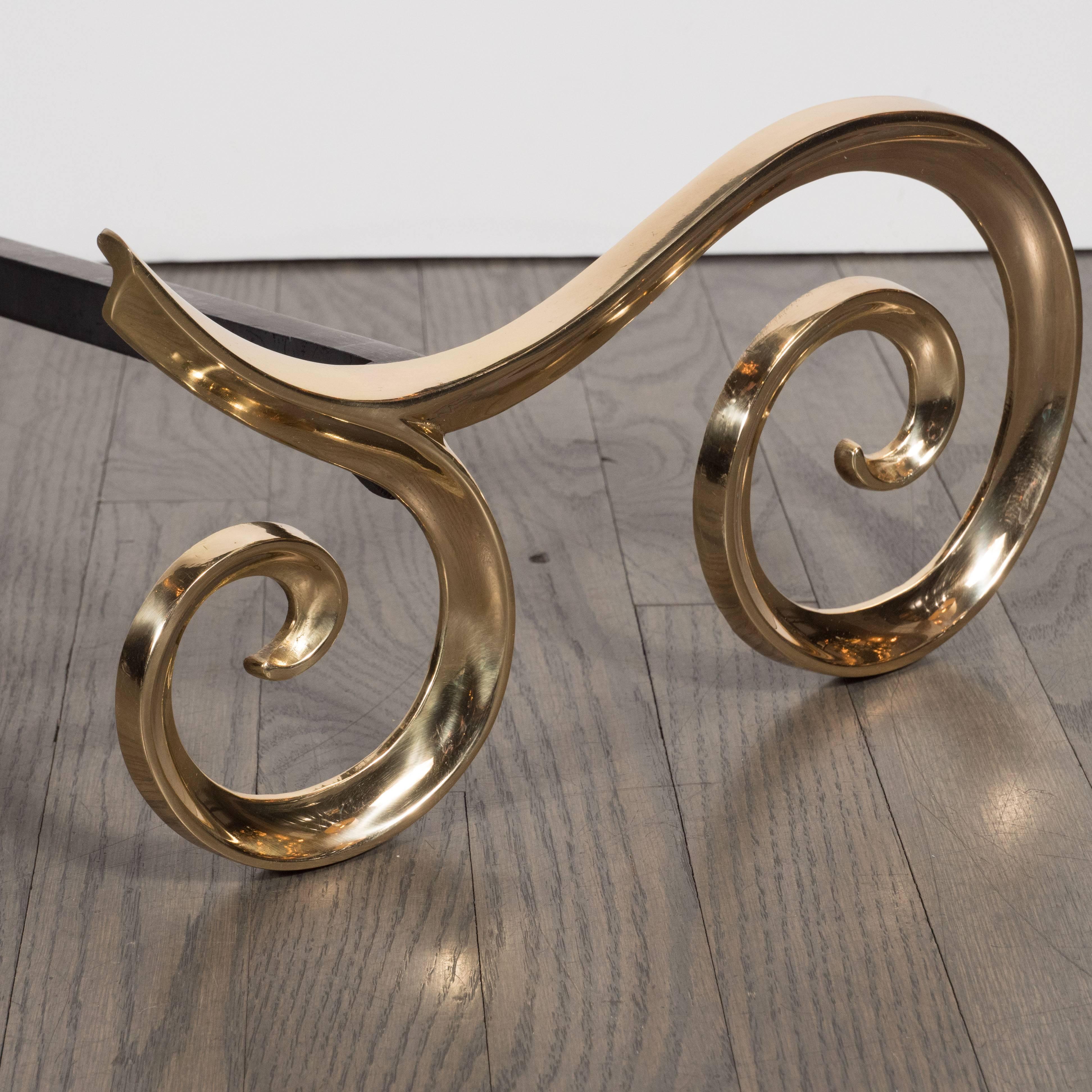 Modern Brass and Black Iron Scroll Form Andirons In Excellent Condition For Sale In New York, NY