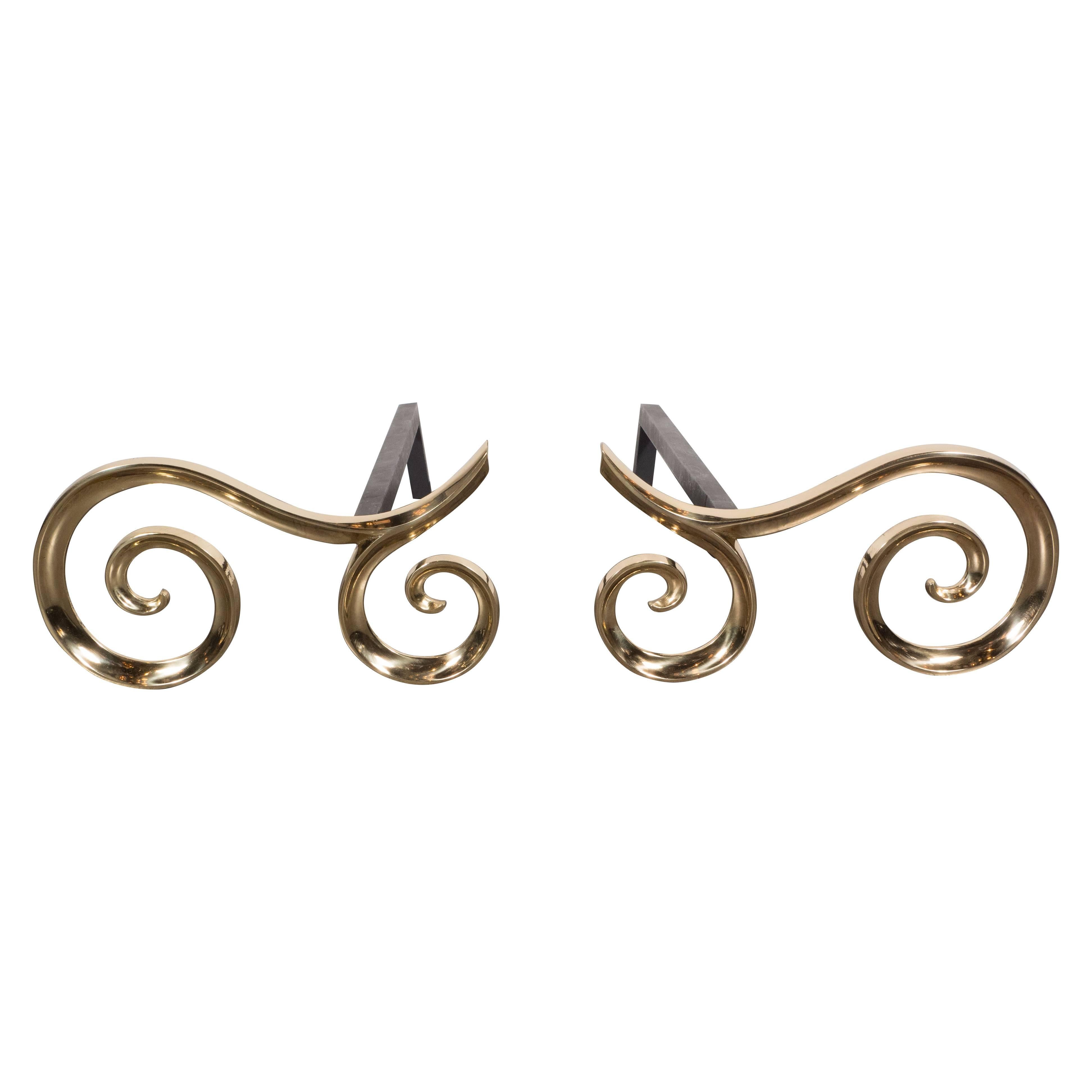 Modern Brass and Black Iron Scroll Form Andirons
