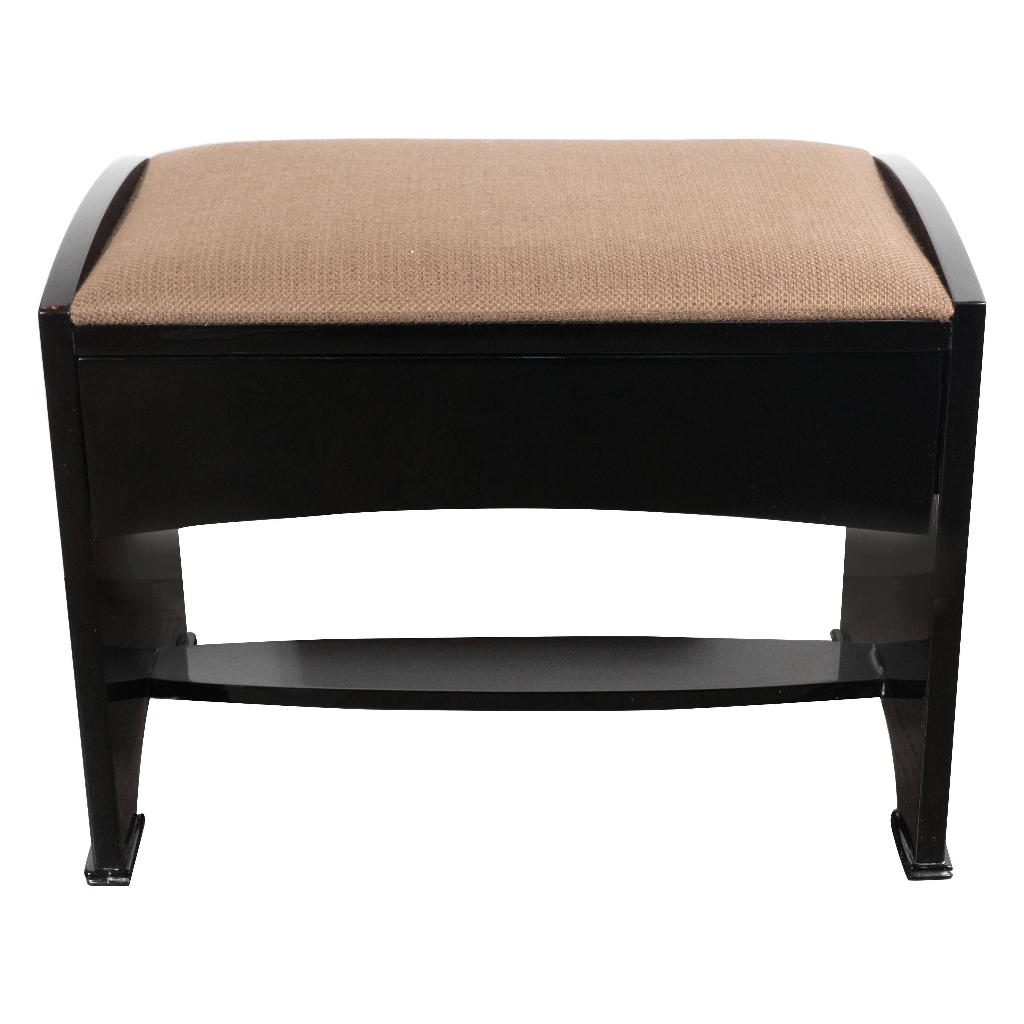 American Art Deco Bench in Black Lacquer with Textured Tawny Brown Upholstery