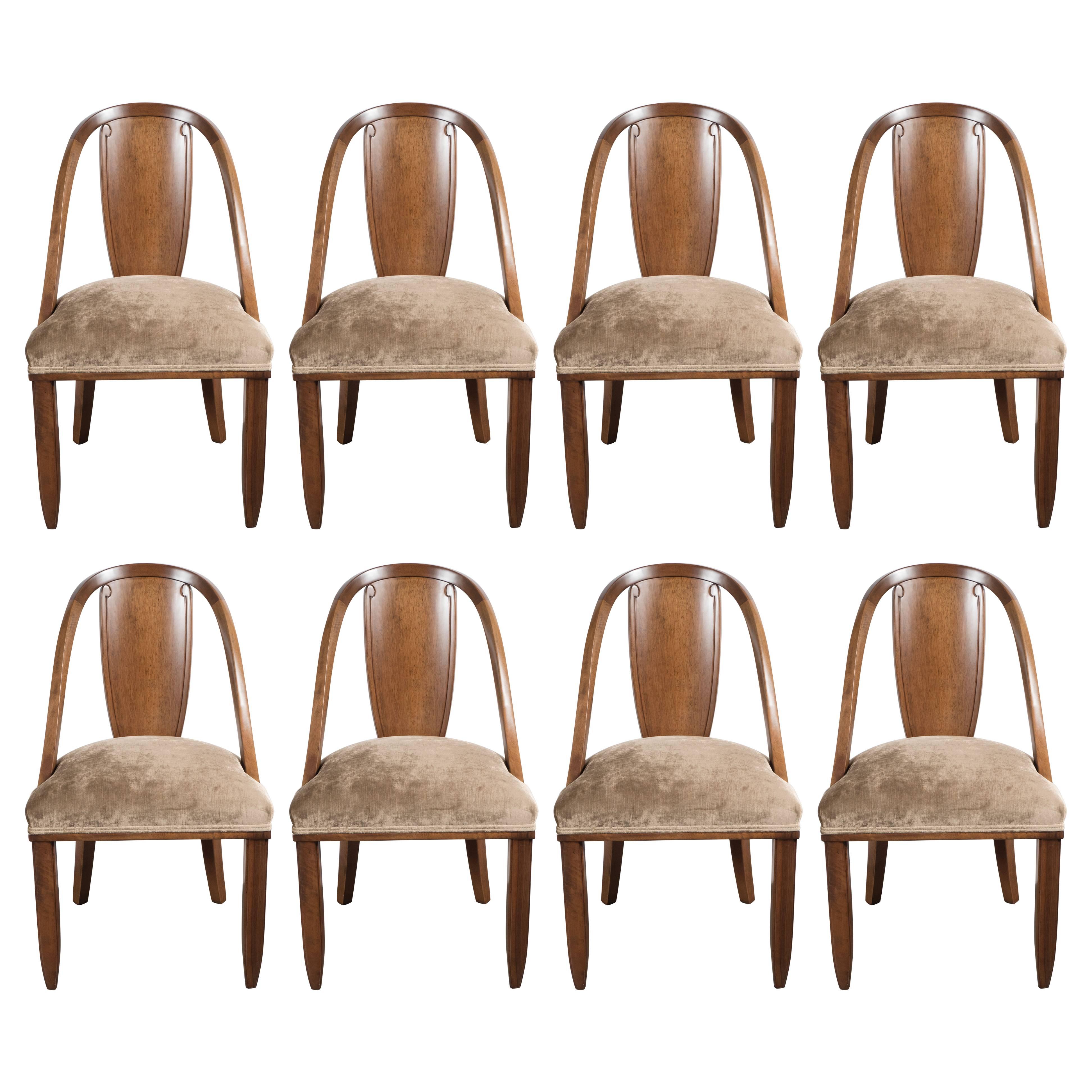 Set of Eight Art Deco Walnut Gondola Back Dining Chairs, Manner of Ruhlmann