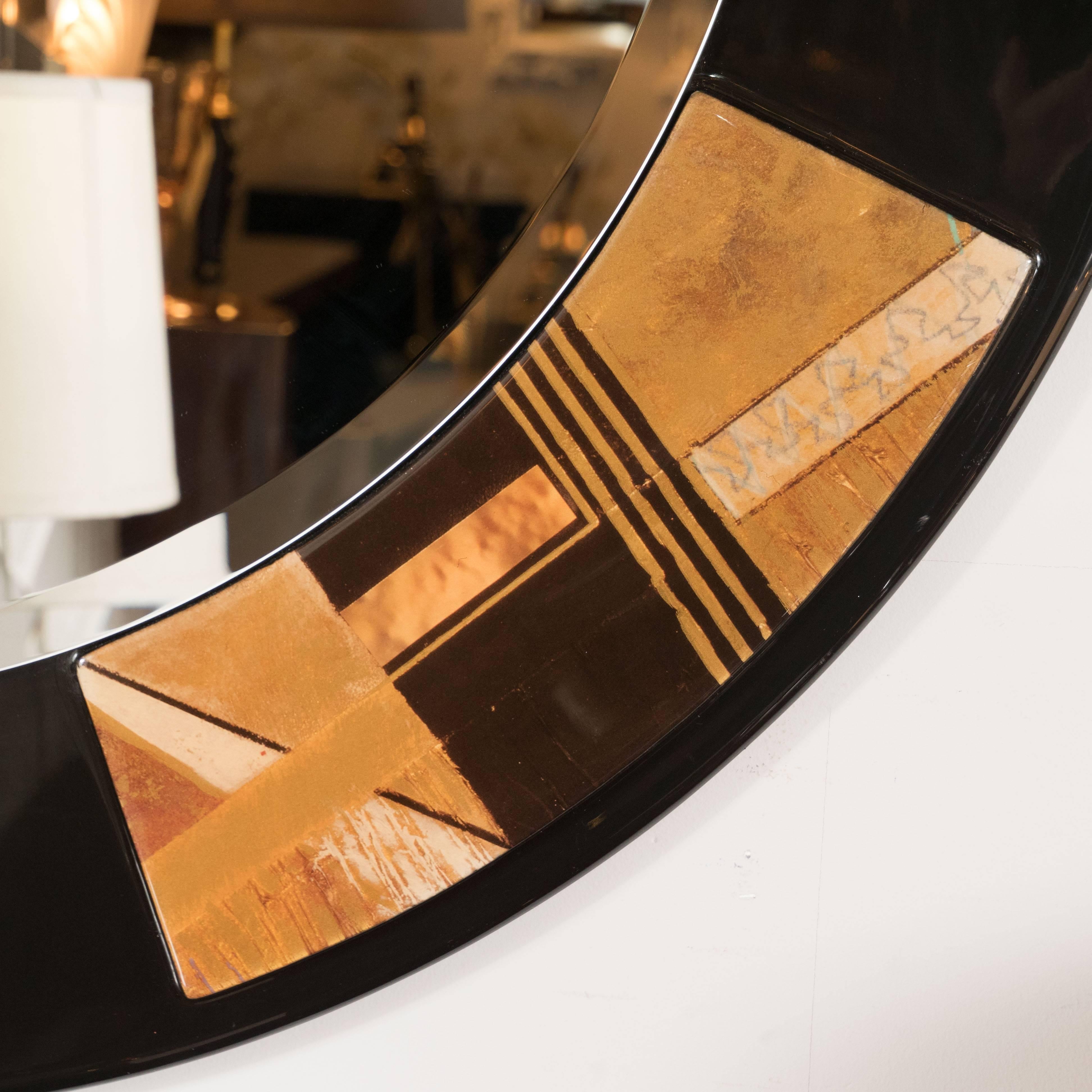 This sophisticated mirror was realized in the United States, circa 1980. It offers the bold sensibility of Art Deco revival in America that collectors of the period adore. The acrylic inlays in subtle relief recall the collages of Kurt Schwitters