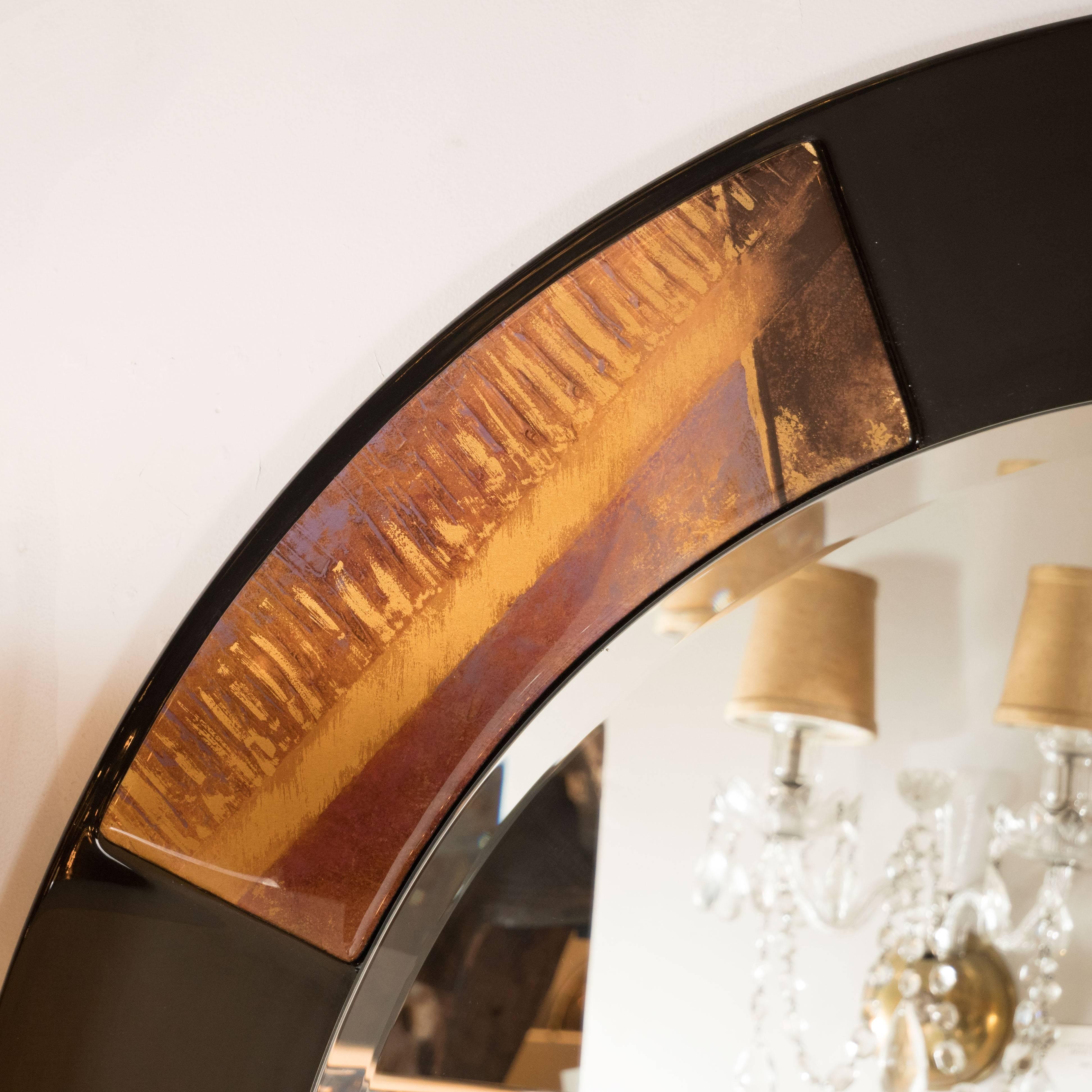 Circular Art Deco Revival Mirror in Black Lacquer with Patterned Acrylic Inlays In Excellent Condition In New York, NY