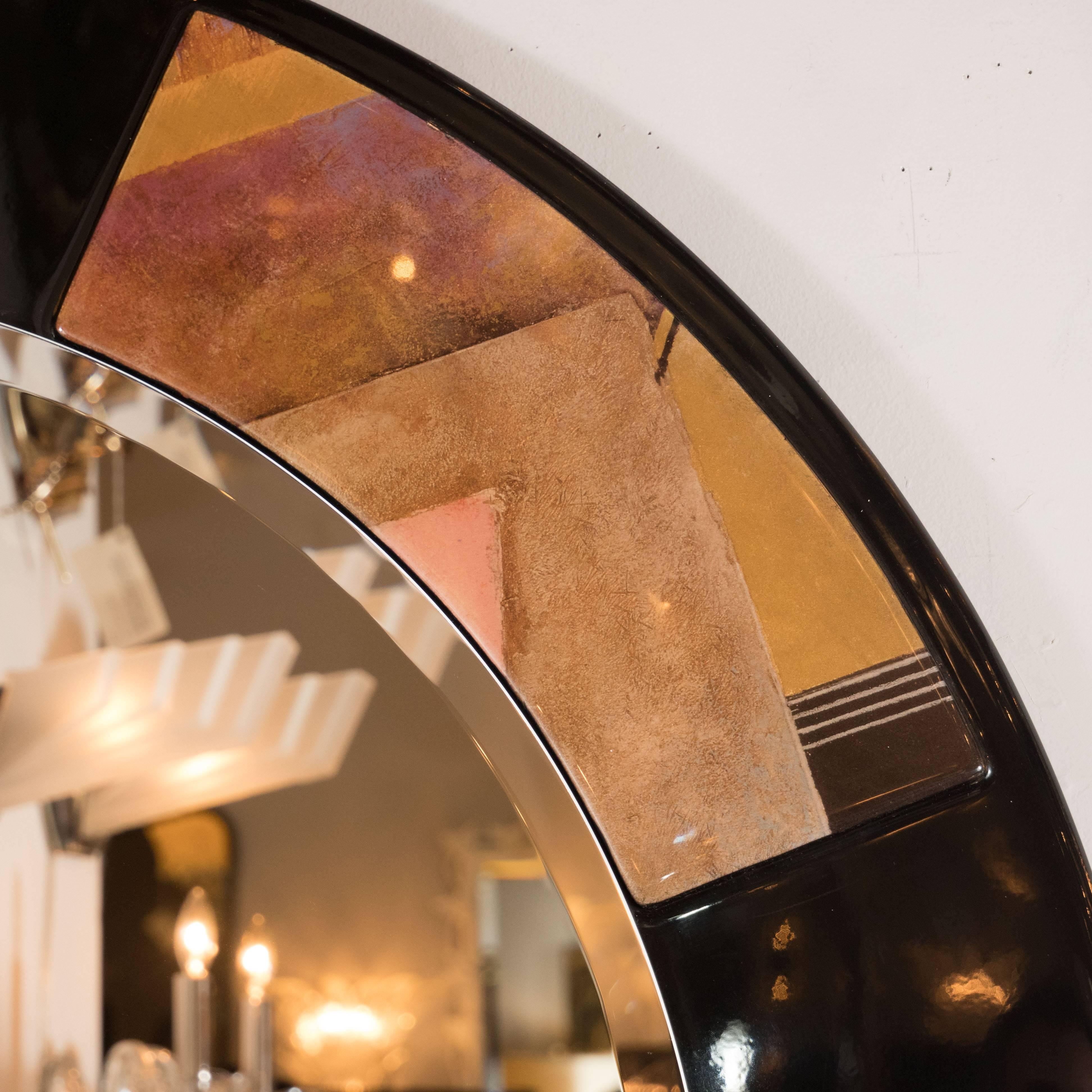 North American Circular Art Deco Revival Mirror in Black Lacquer with Patterned Acrylic Inlays