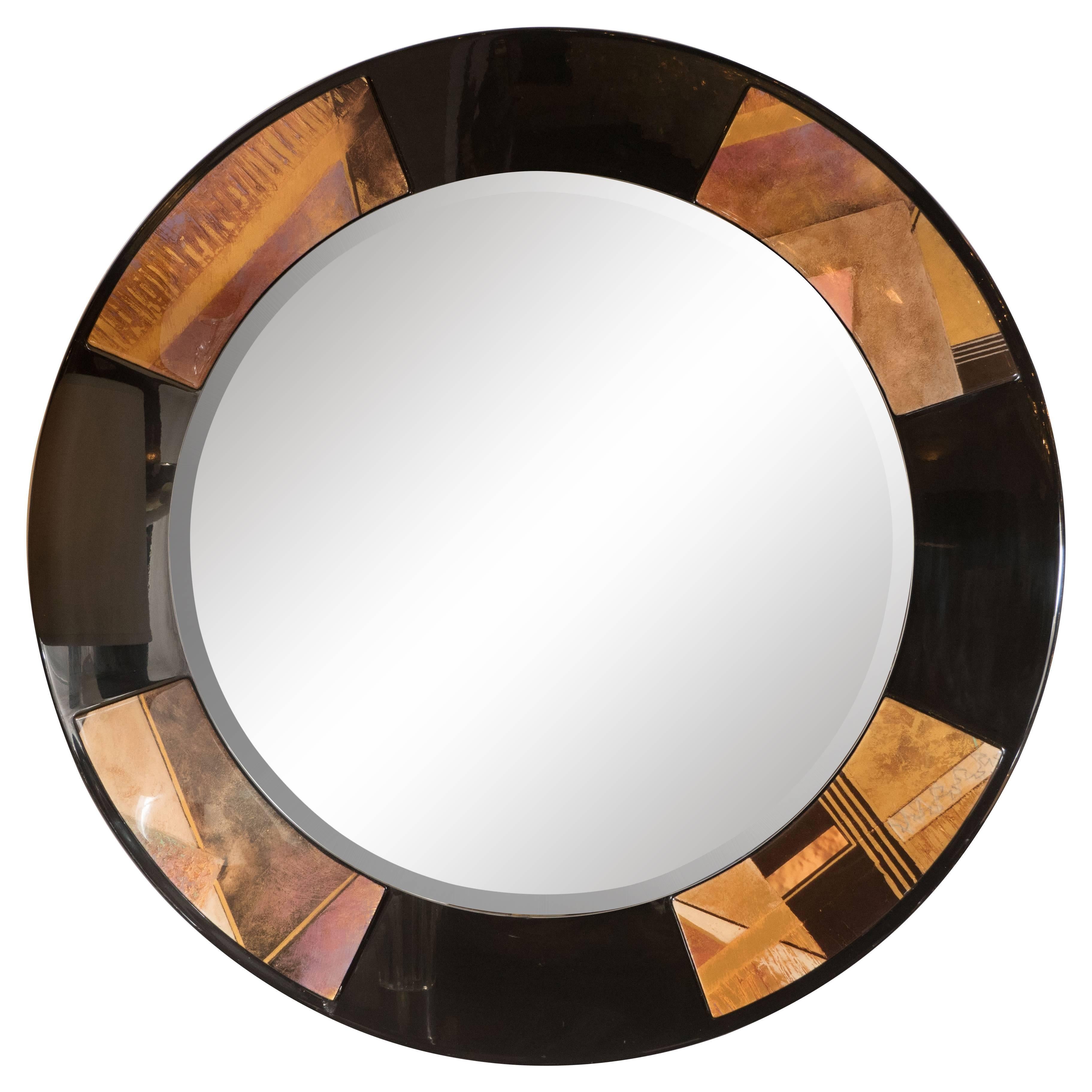 Circular Art Deco Revival Mirror in Black Lacquer with Patterned Acrylic Inlays