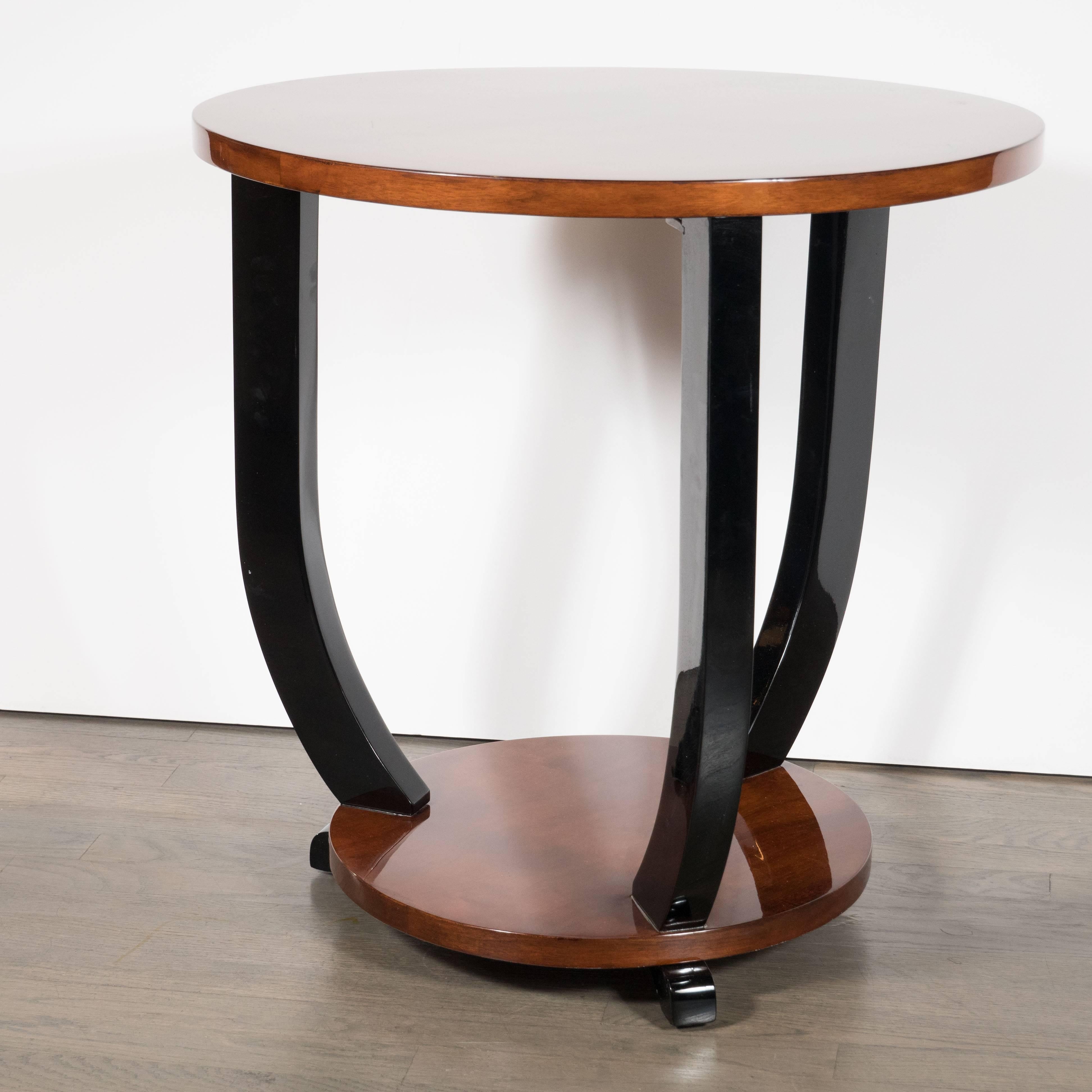 Mid-20th Century French Art Deco Two-Tiered Bookmatched Walnut & Black Lacquer Gueridon Table For Sale