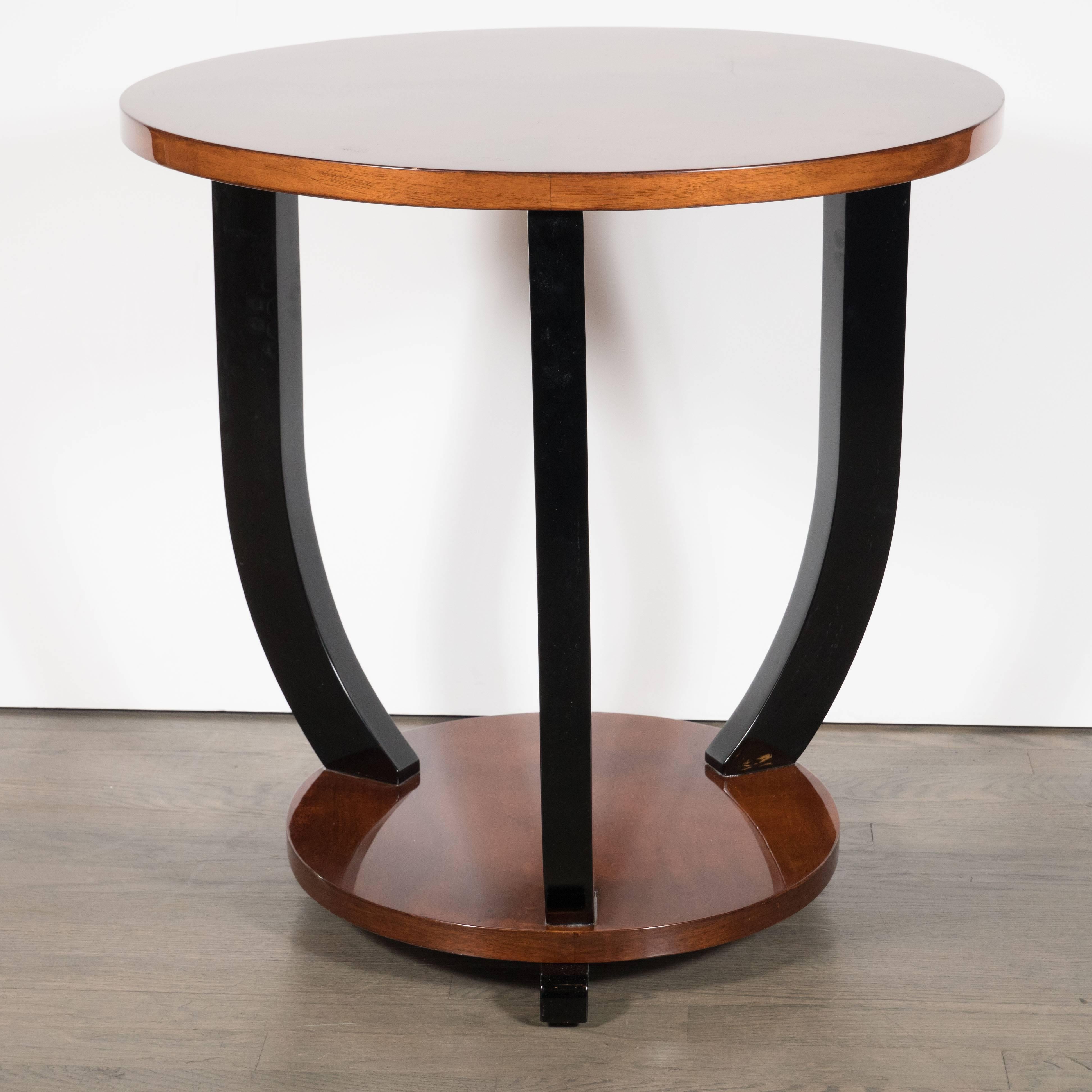 French Art Deco Two-Tiered Bookmatched Walnut & Black Lacquer Gueridon Table In Excellent Condition For Sale In New York, NY