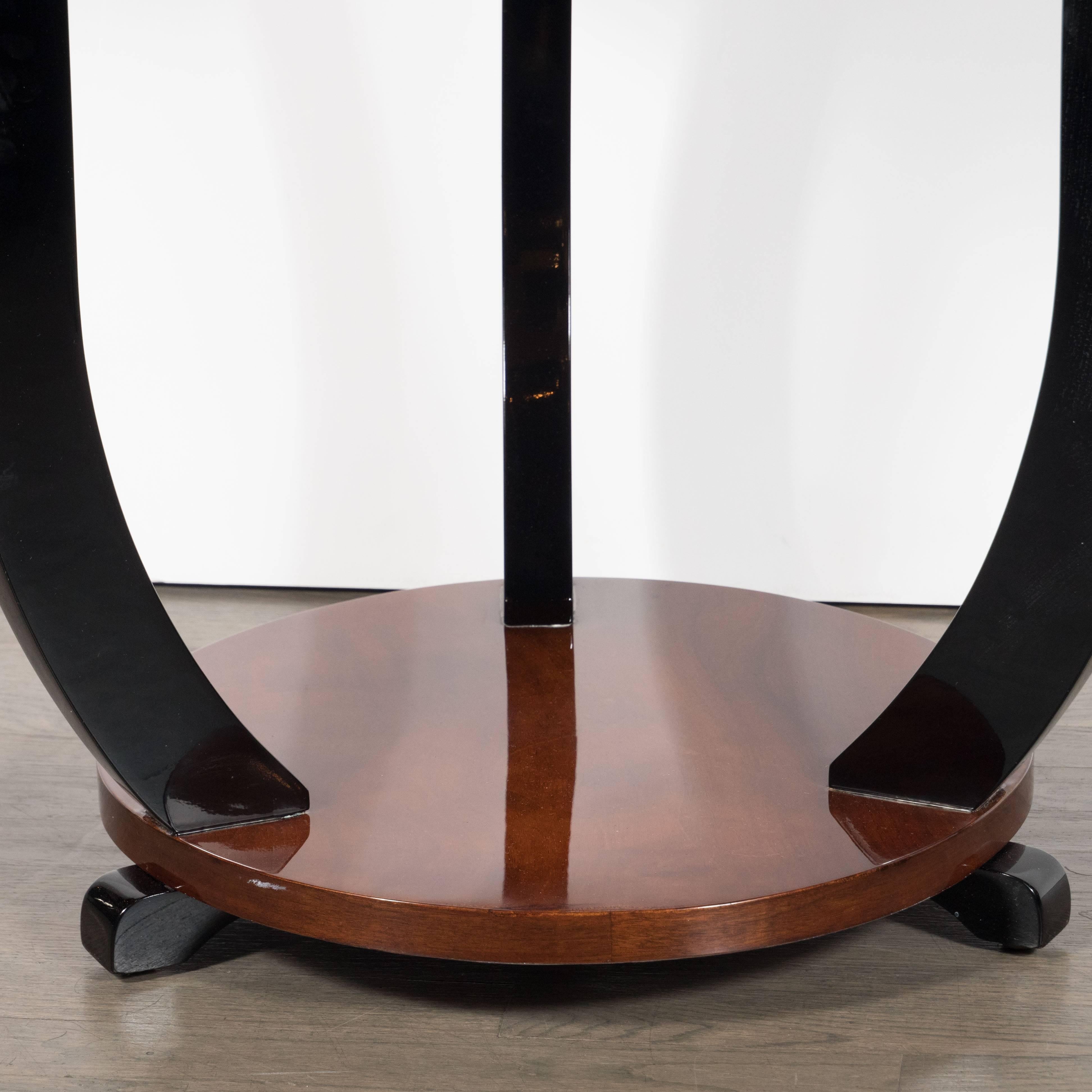 French Art Deco Two-Tiered Bookmatched Walnut & Black Lacquer Gueridon Table For Sale 3