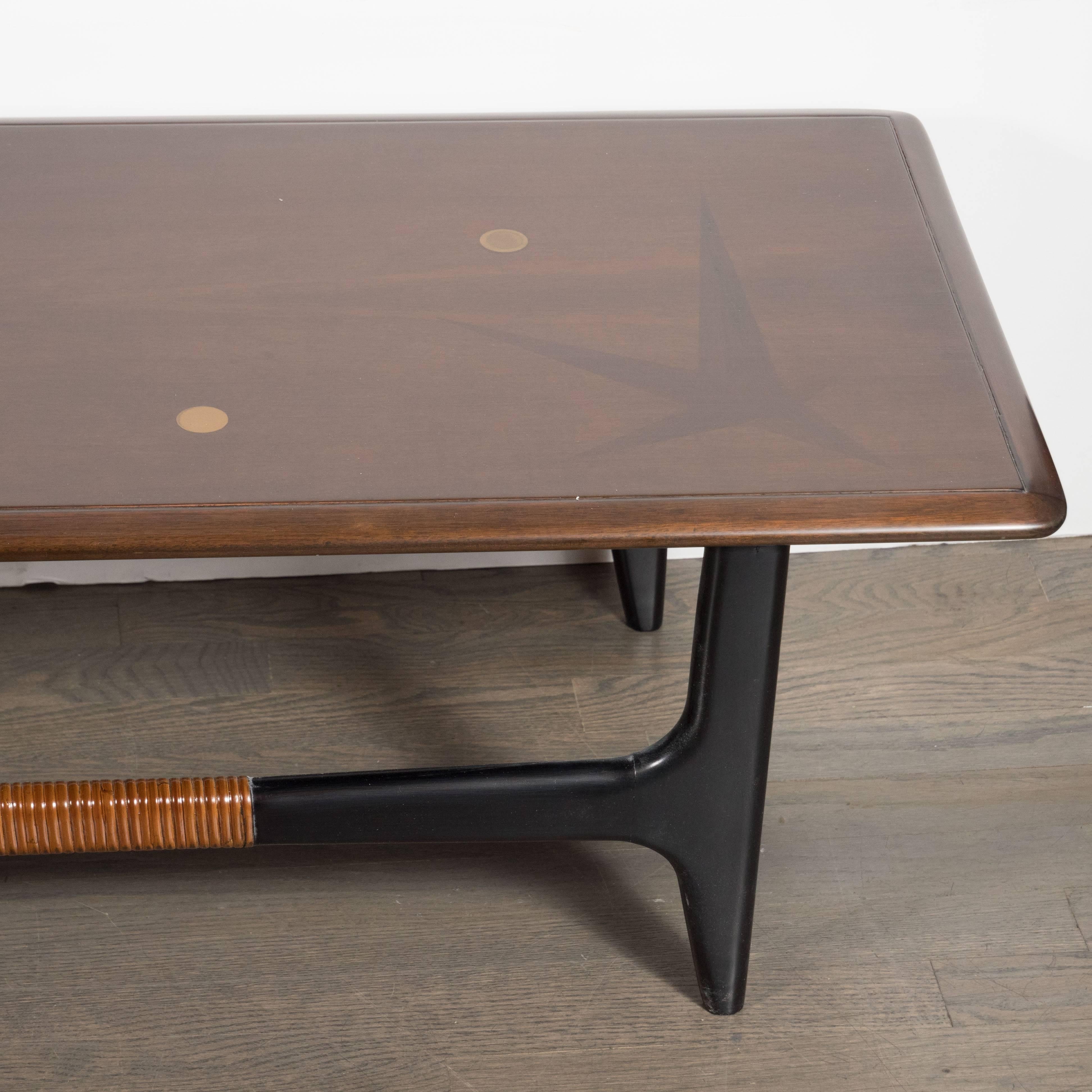 Mid-Century Modern Hand Rubbed Walnut, Brass and Rosewood Inlaid Cocktail Table 2