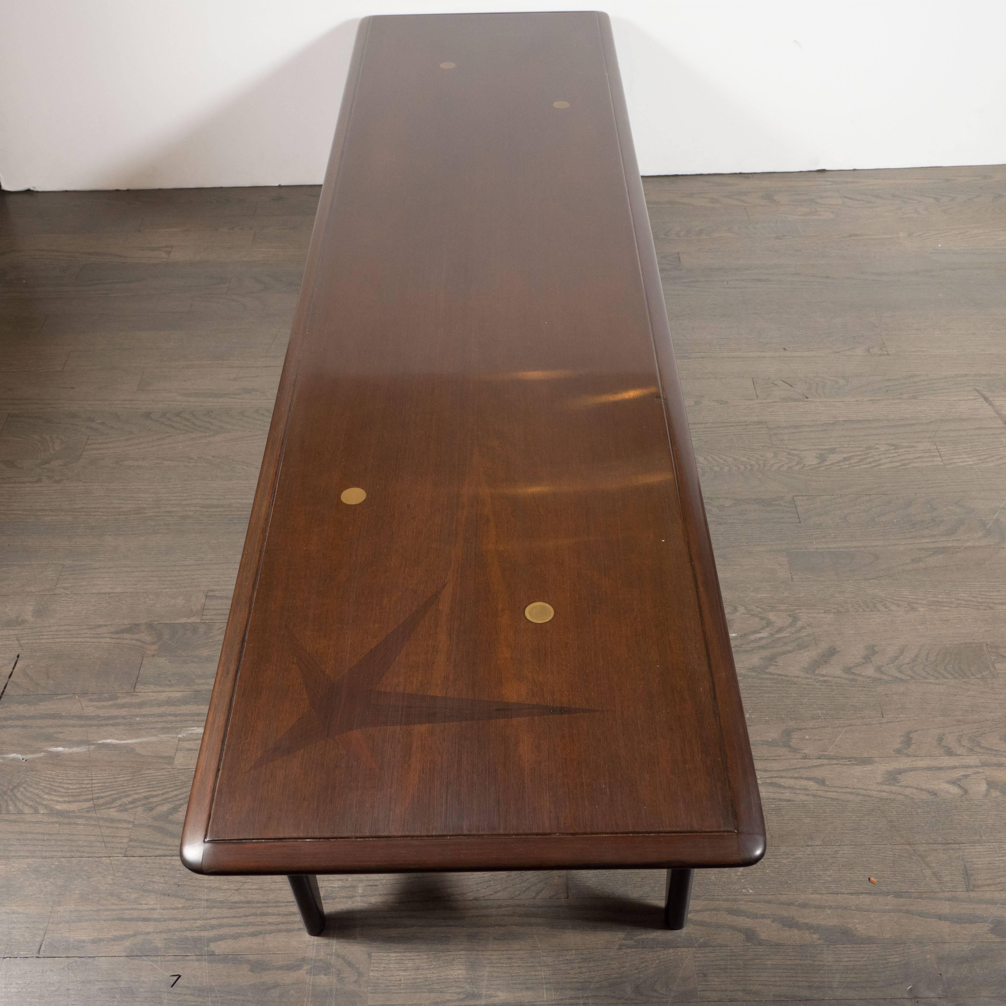 Mid-Century Modern Hand Rubbed Walnut, Brass and Rosewood Inlaid Cocktail Table 1