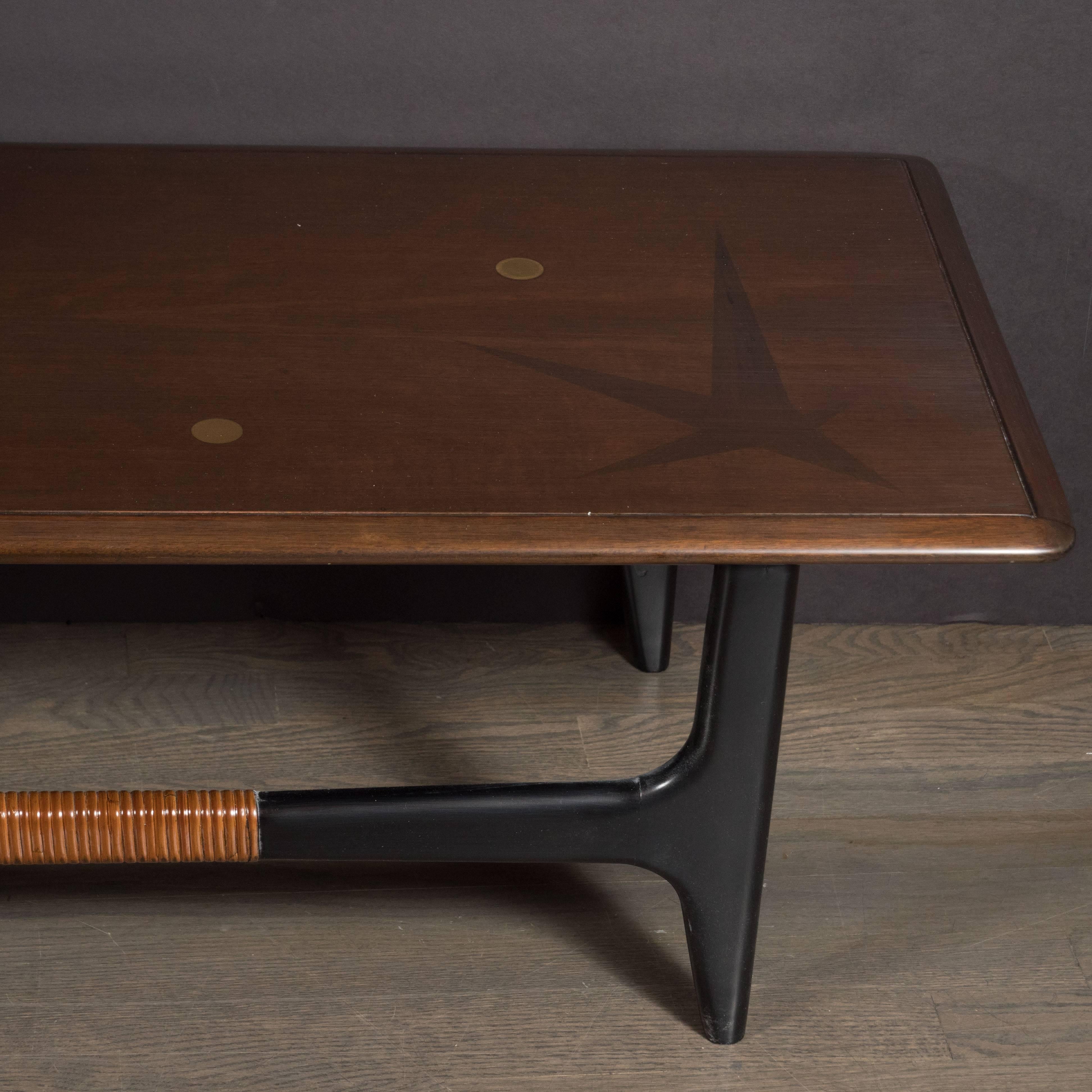 Mid-Century Modern Hand Rubbed Walnut, Brass and Rosewood Inlaid Cocktail Table 3