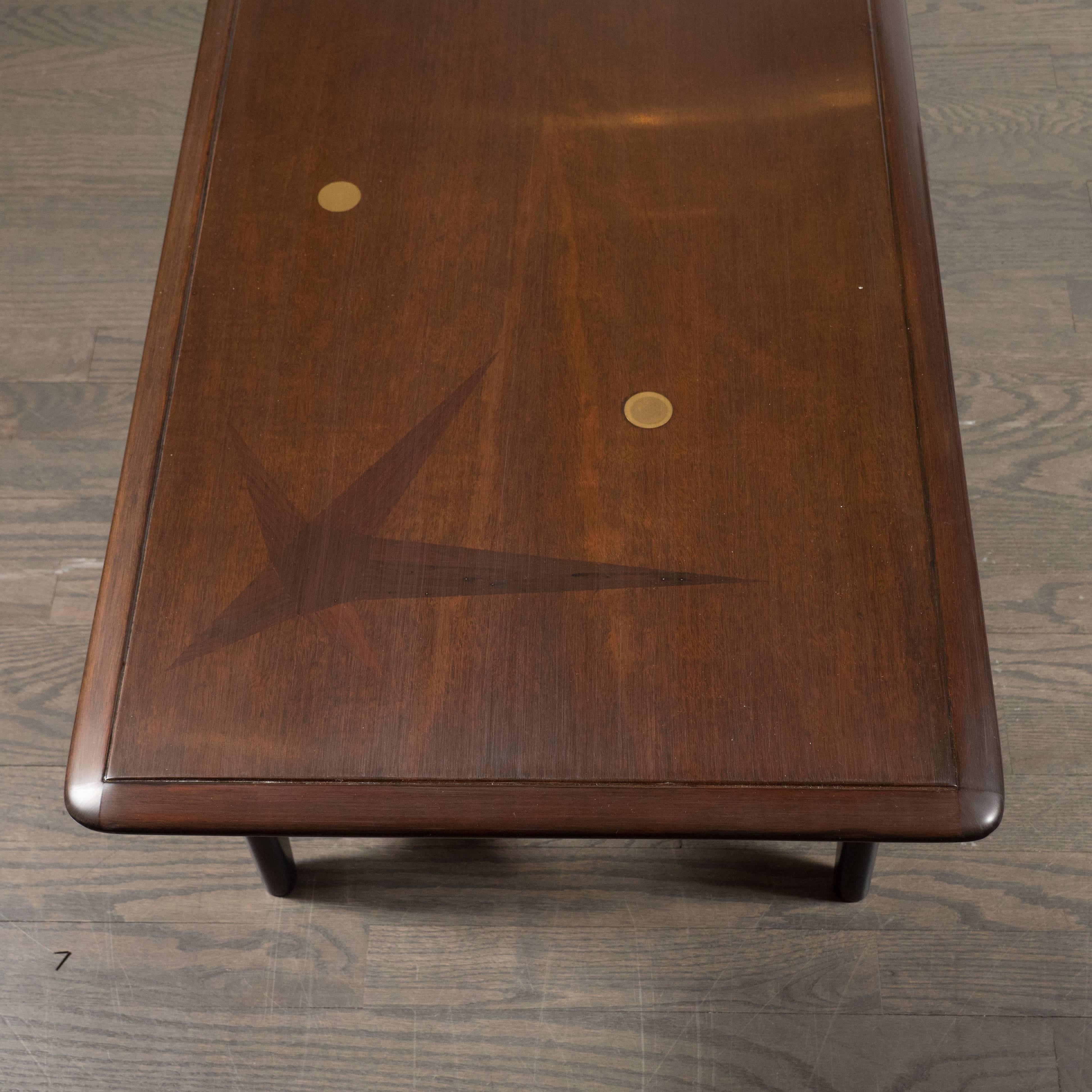 Mid-Century Modern Hand Rubbed Walnut, Brass and Rosewood Inlaid Cocktail Table 4