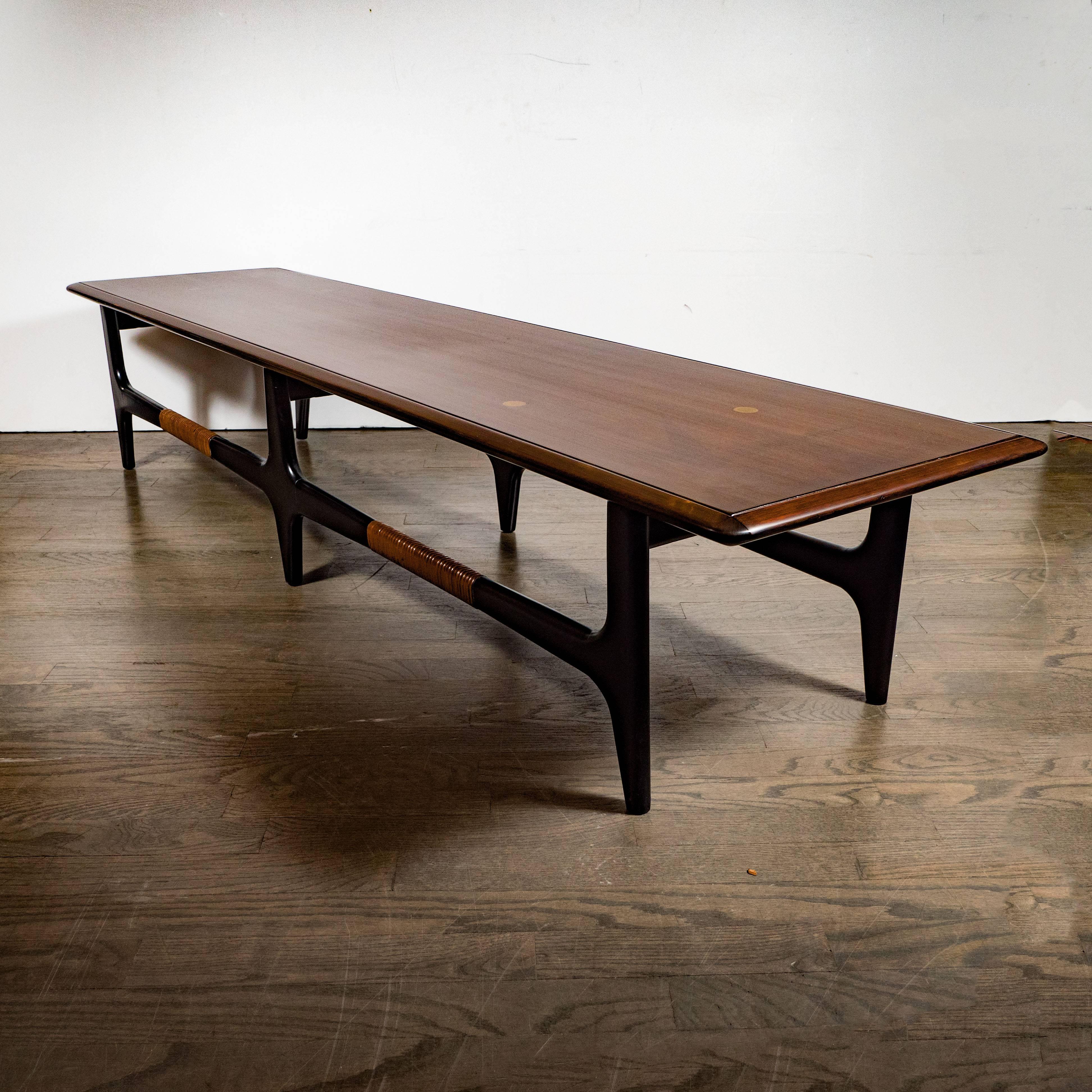 Mid-Century Modern Hand Rubbed Walnut, Brass and Rosewood Inlaid Cocktail Table In Excellent Condition In New York, NY