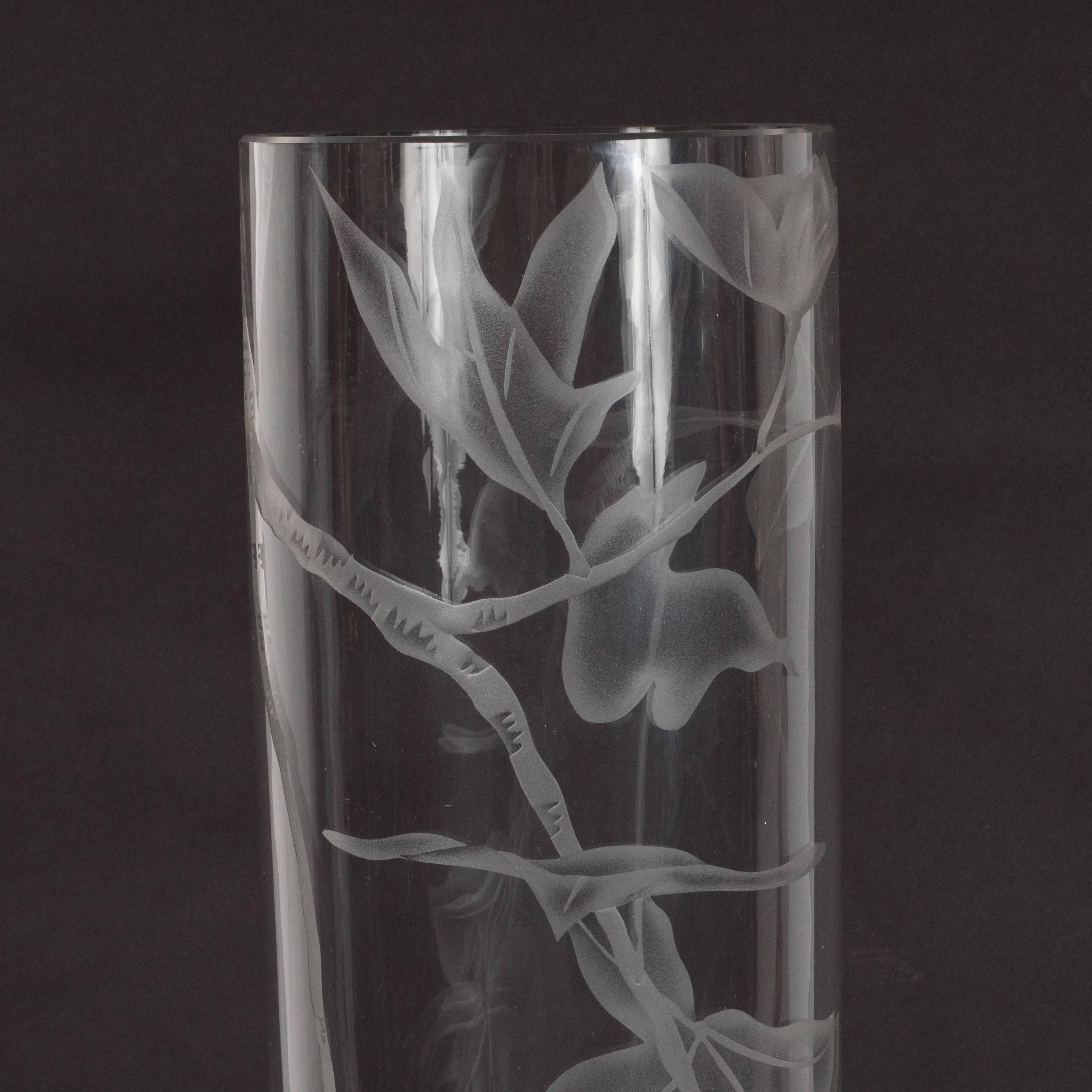 Glass Art Deco Acid Etched Vase with Maple Leaf Motif by Dorothy Thorpe