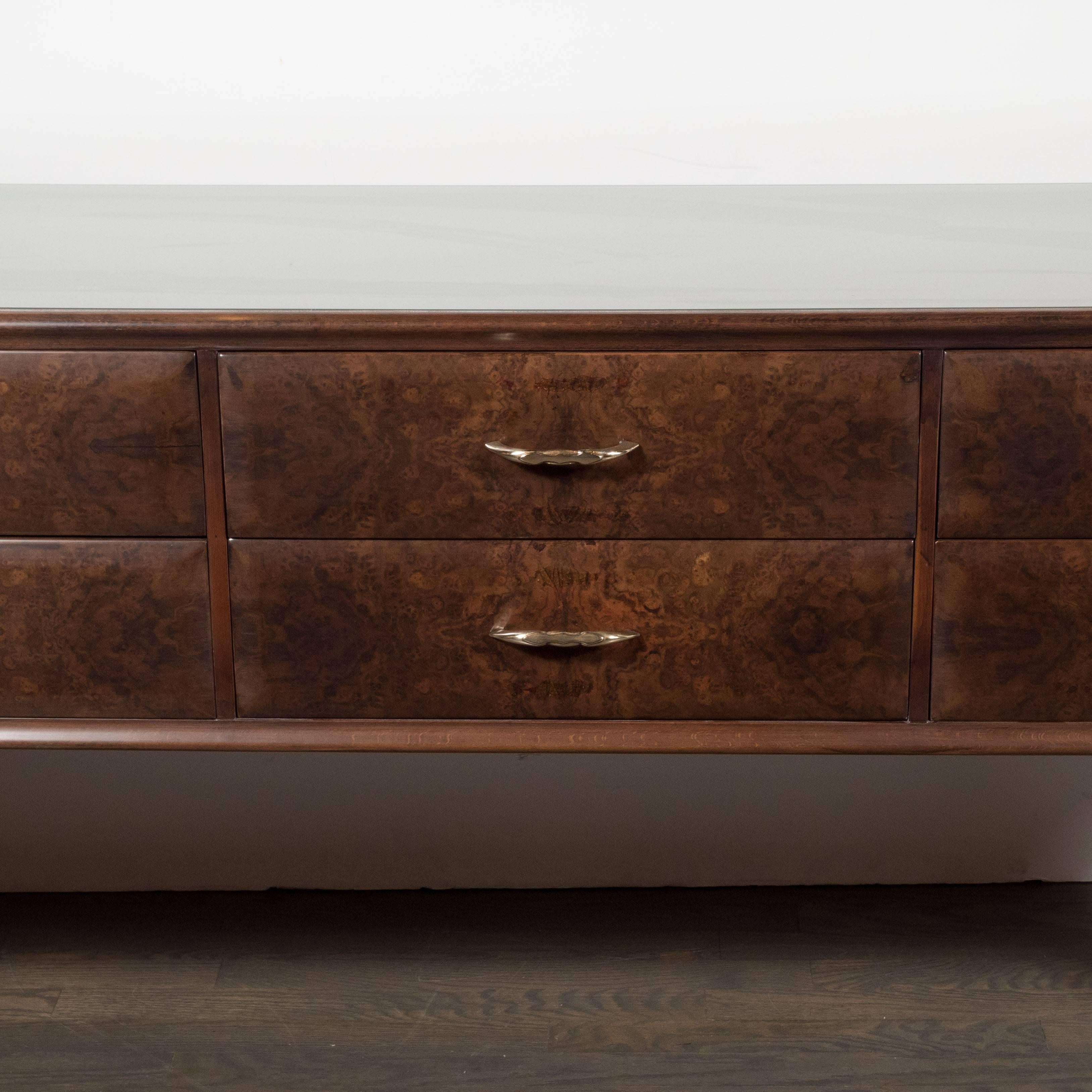 Italian Midcentury Chest in Walnut with Stylized Brass Pulls and Vitrolite Top In Excellent Condition For Sale In New York, NY
