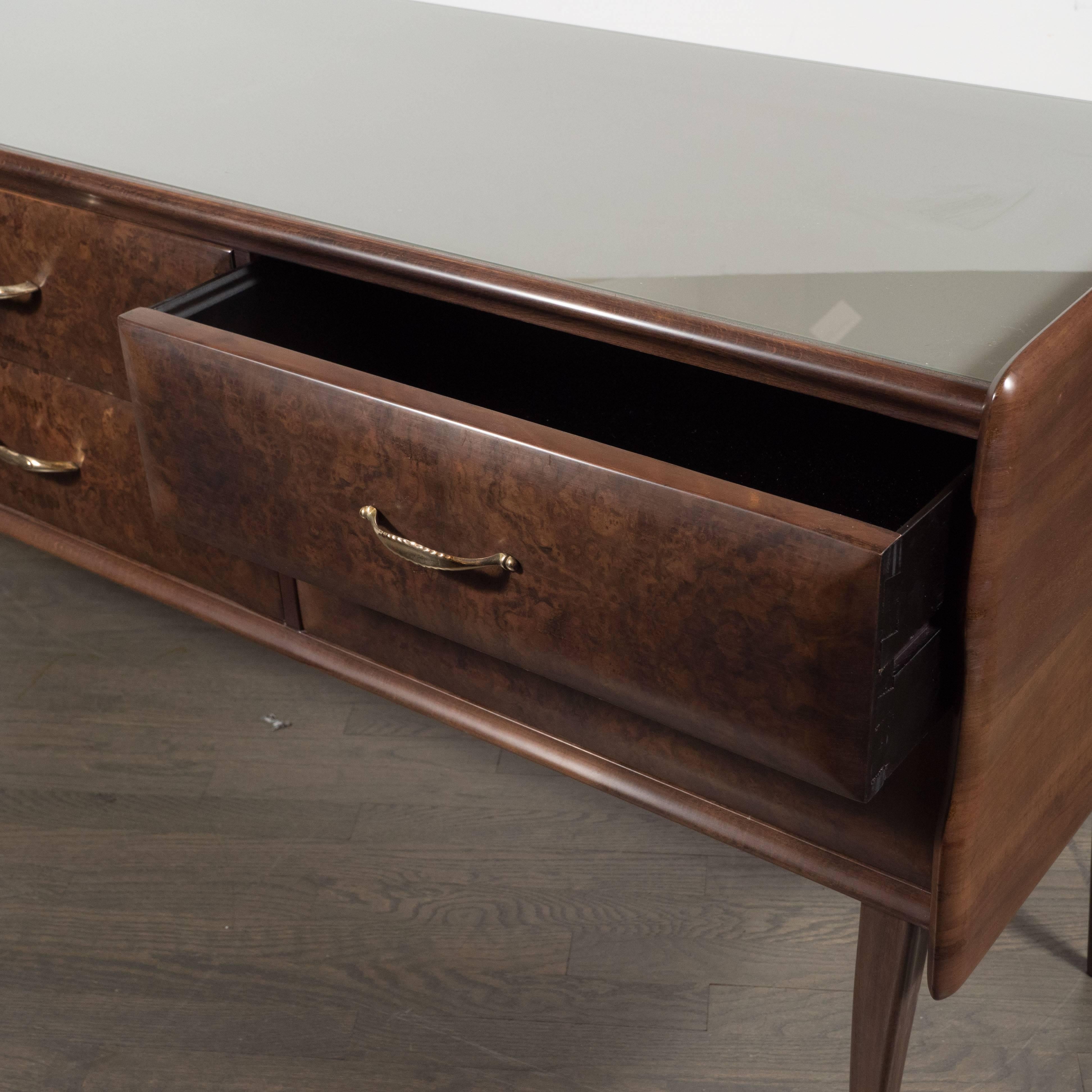 Italian Midcentury Chest in Walnut with Stylized Brass Pulls and Vitrolite Top For Sale 2