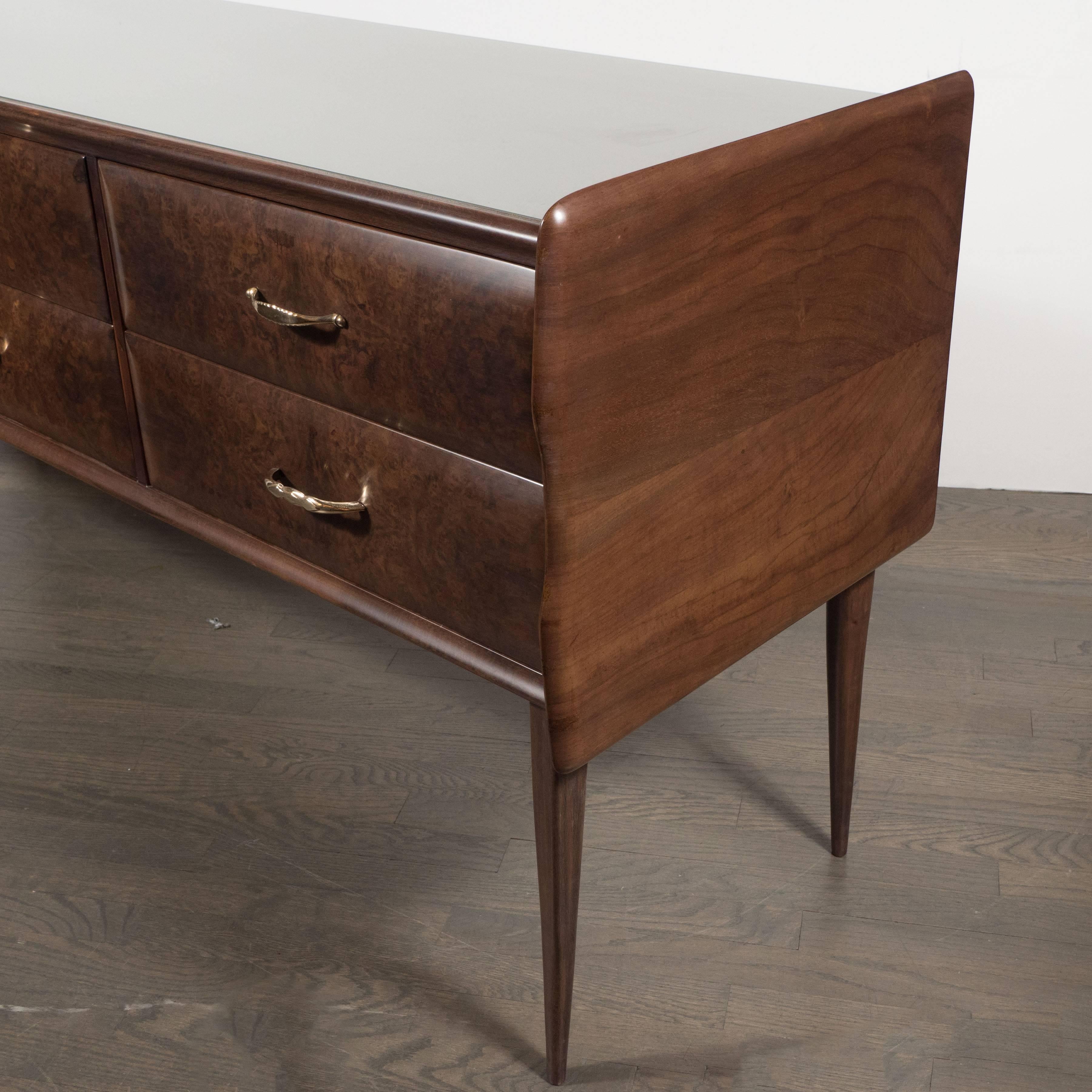 Mid-Century Modern Italian Midcentury Chest in Walnut with Stylized Brass Pulls and Vitrolite Top For Sale