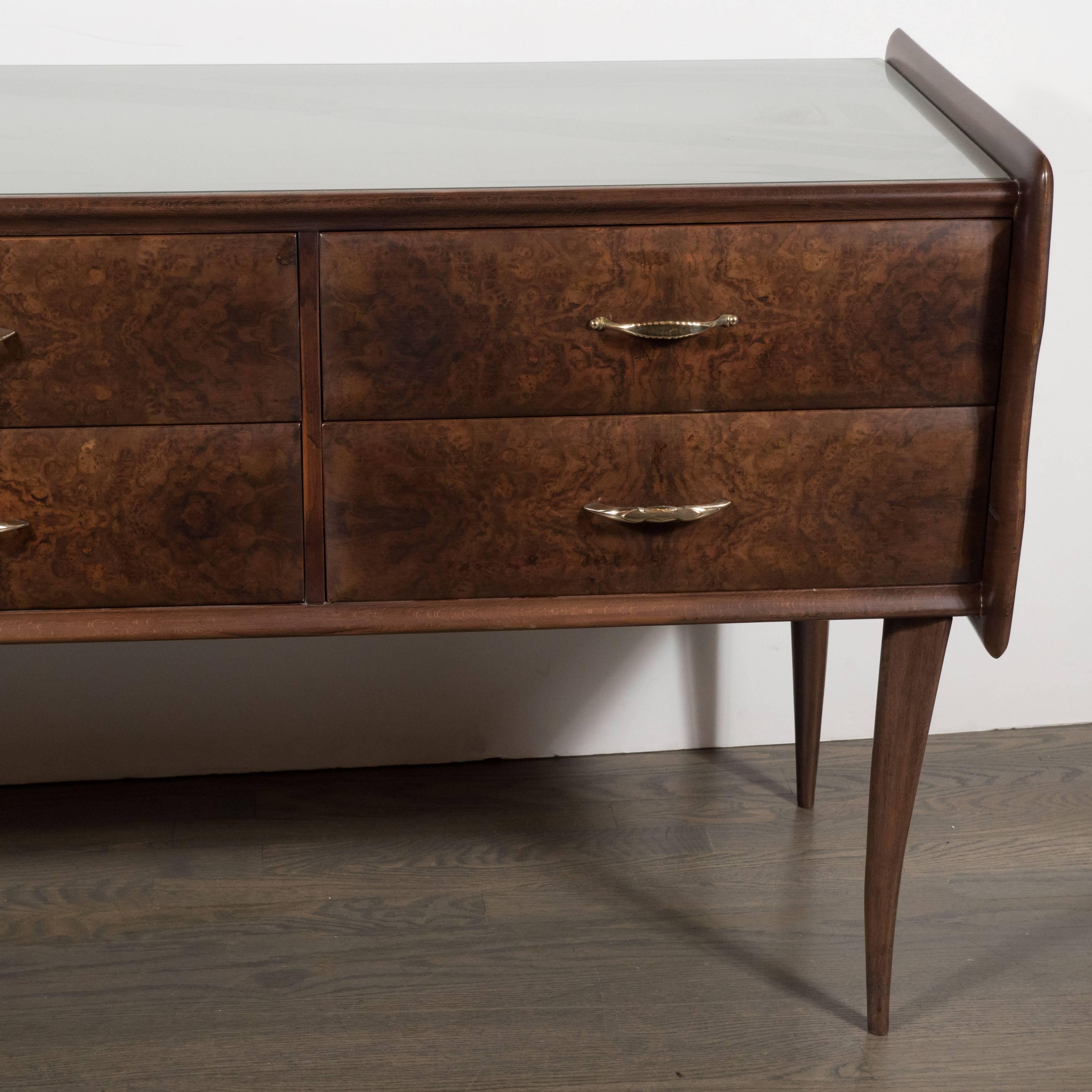 Mid-20th Century Italian Midcentury Chest in Walnut with Stylized Brass Pulls and Vitrolite Top For Sale