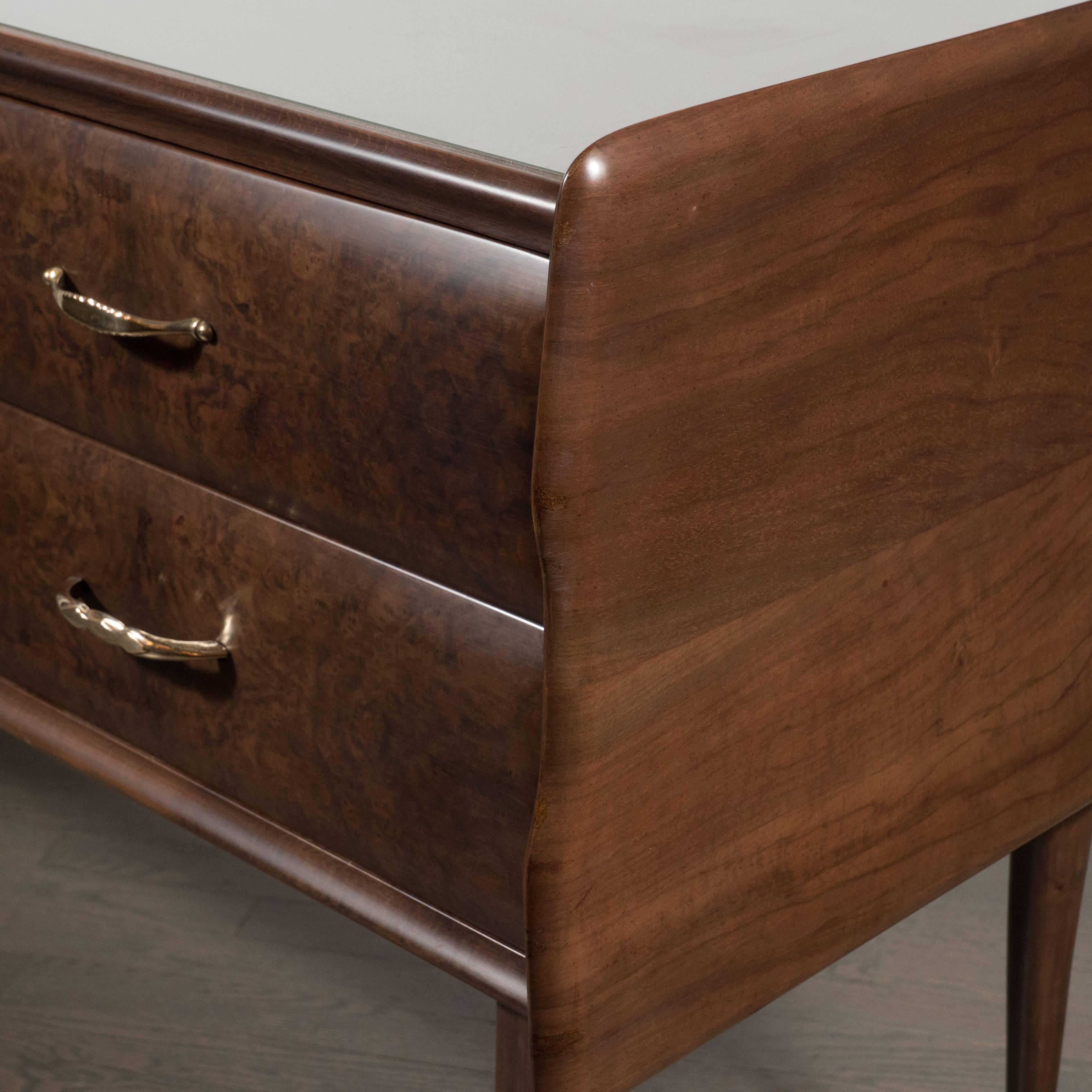 Italian Midcentury Chest in Walnut with Stylized Brass Pulls and Vitrolite Top For Sale 1