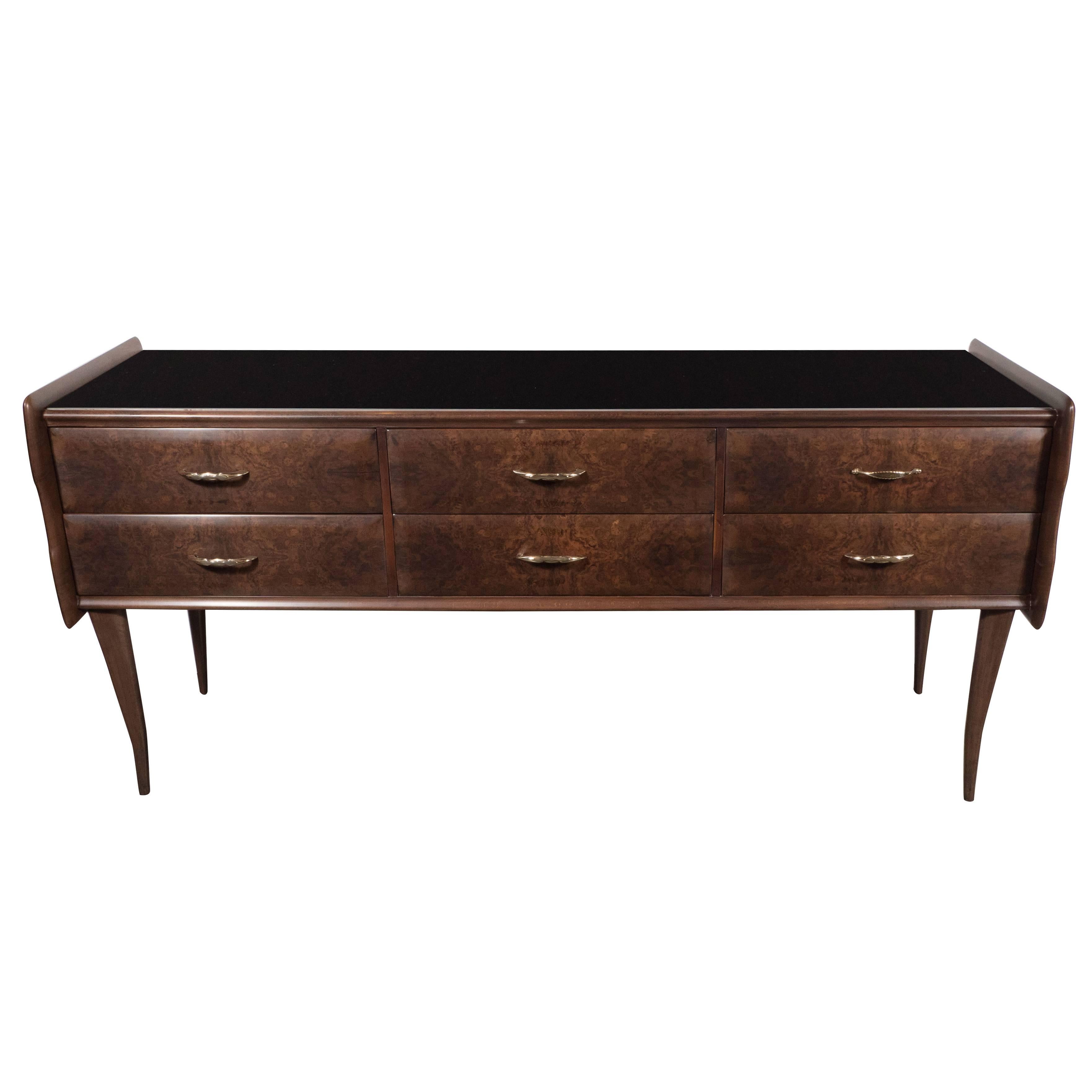 Italian Midcentury Chest in Walnut with Stylized Brass Pulls and Vitrolite Top For Sale