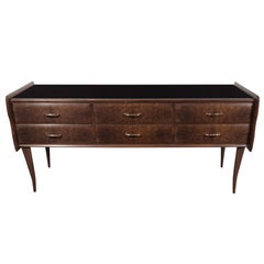 Italian Midcentury Chest in Walnut with Stylized Brass Pulls and Vitrolite Top