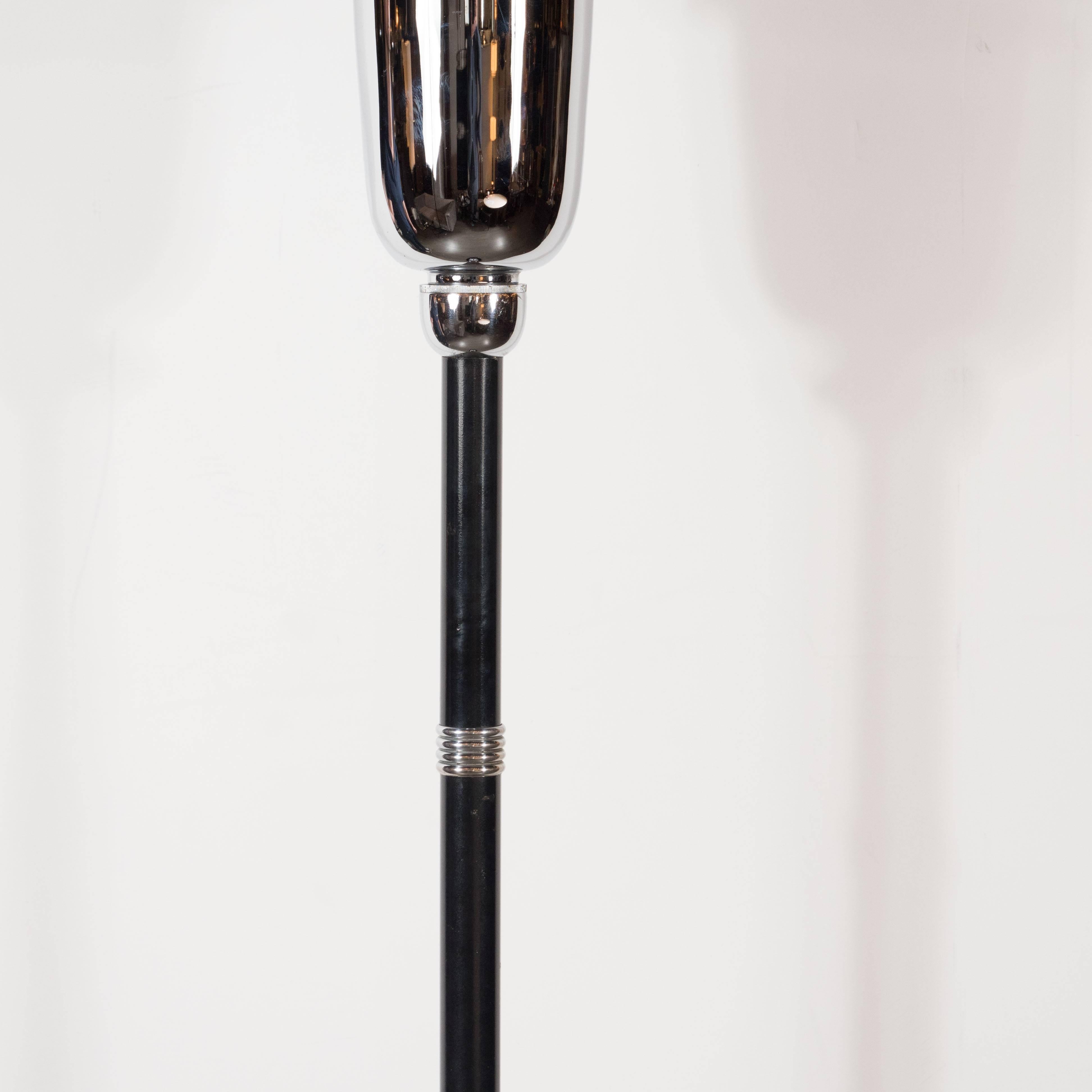 Art Deco Machine Age Chrome & Black Enamel Floor Lamp with Banded Glass Accents In Excellent Condition In New York, NY