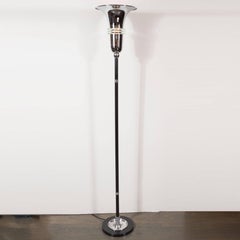 Art Deco Machine Age Chrome & Black Enamel Floor Lamp with Banded Glass Accents