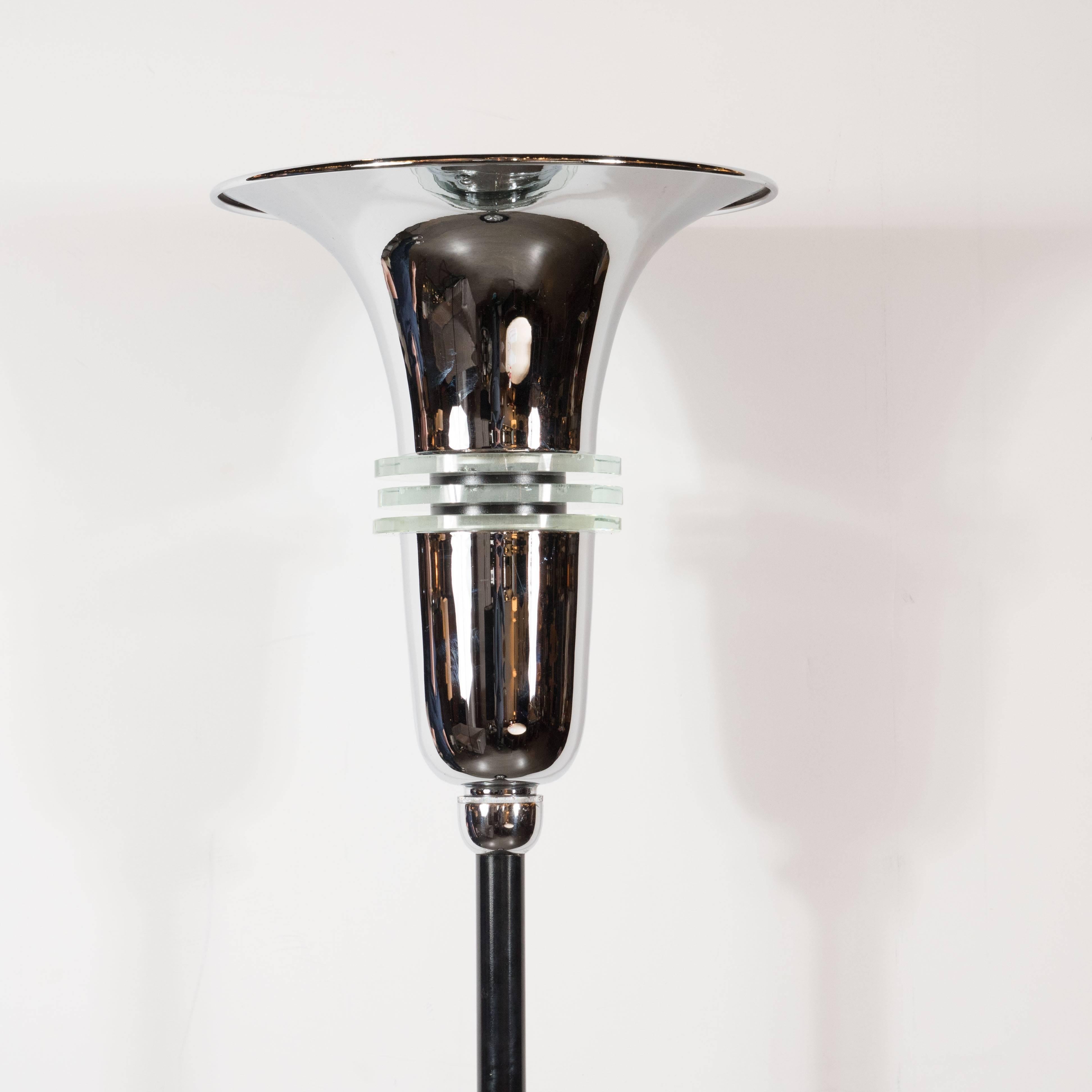 American Art Deco Machine Age Chrome & Black Enamel Floor Lamp with Banded Glass Accents