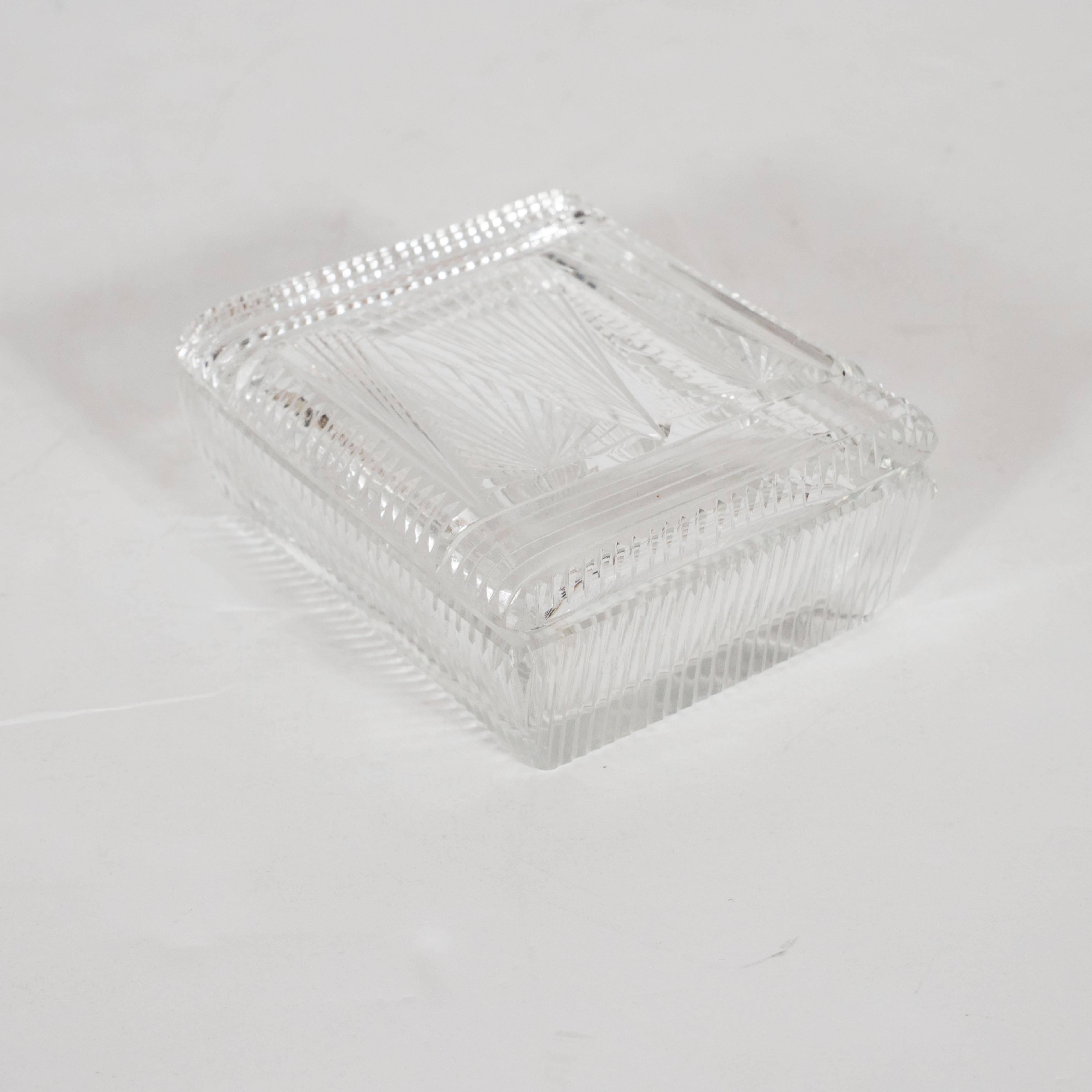 Pressed Art Deco Czech Skyscraper Style Clear Glass Box with Rectilinear Beveled Designs