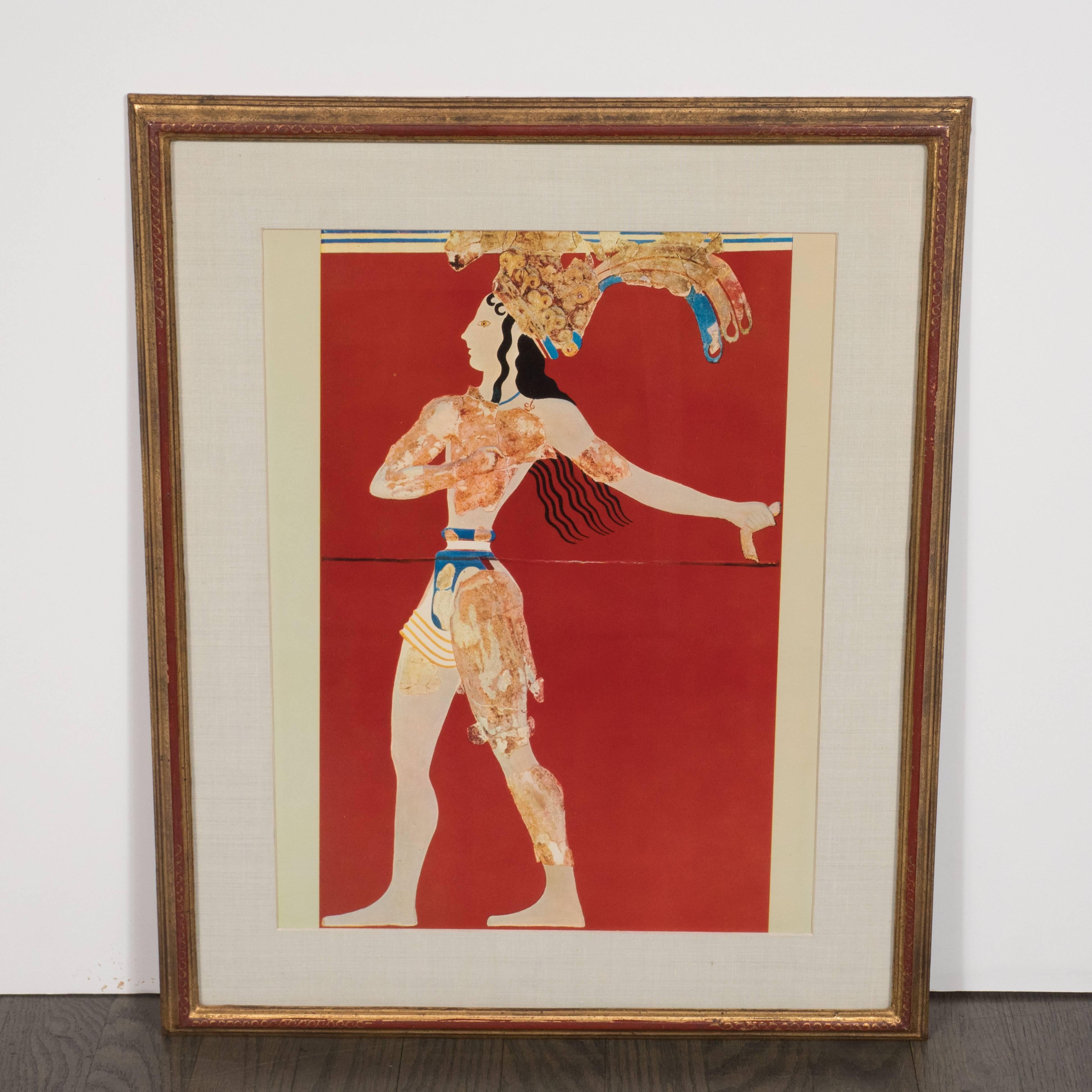 This sophisticated modernist print depicts a pottery fragment culled from Ancient Greek ruins featuring a male figure donning a loin cloth and elaborate headdress. Rendered in tones of marigold and turquoise against a vibrant red coral colored