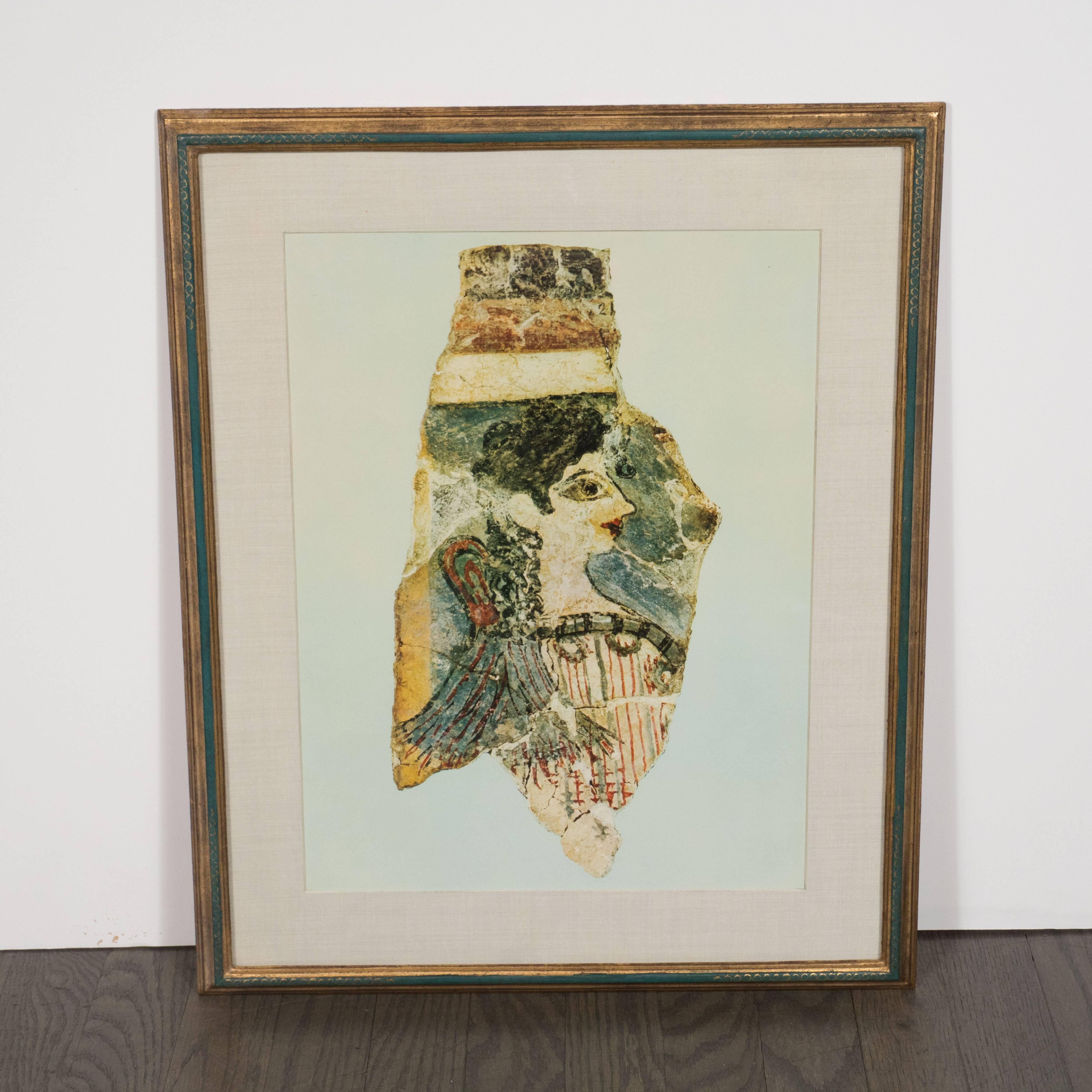 This sophisticated print features a female figure on what appears to be a chard of ancient pottery culled from Greek ruins, against a white background. With its earthy palette with hints of sea foam and coral, this print would be a winning wall