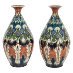 Antique Pair of Art Deco Ceramic Royal Bonn Vases in Red Clay, Emerald & Oceanic Hues