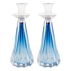 Pair of Mid-Century Modern Channeled Blue and Transparent Glass Candleholders