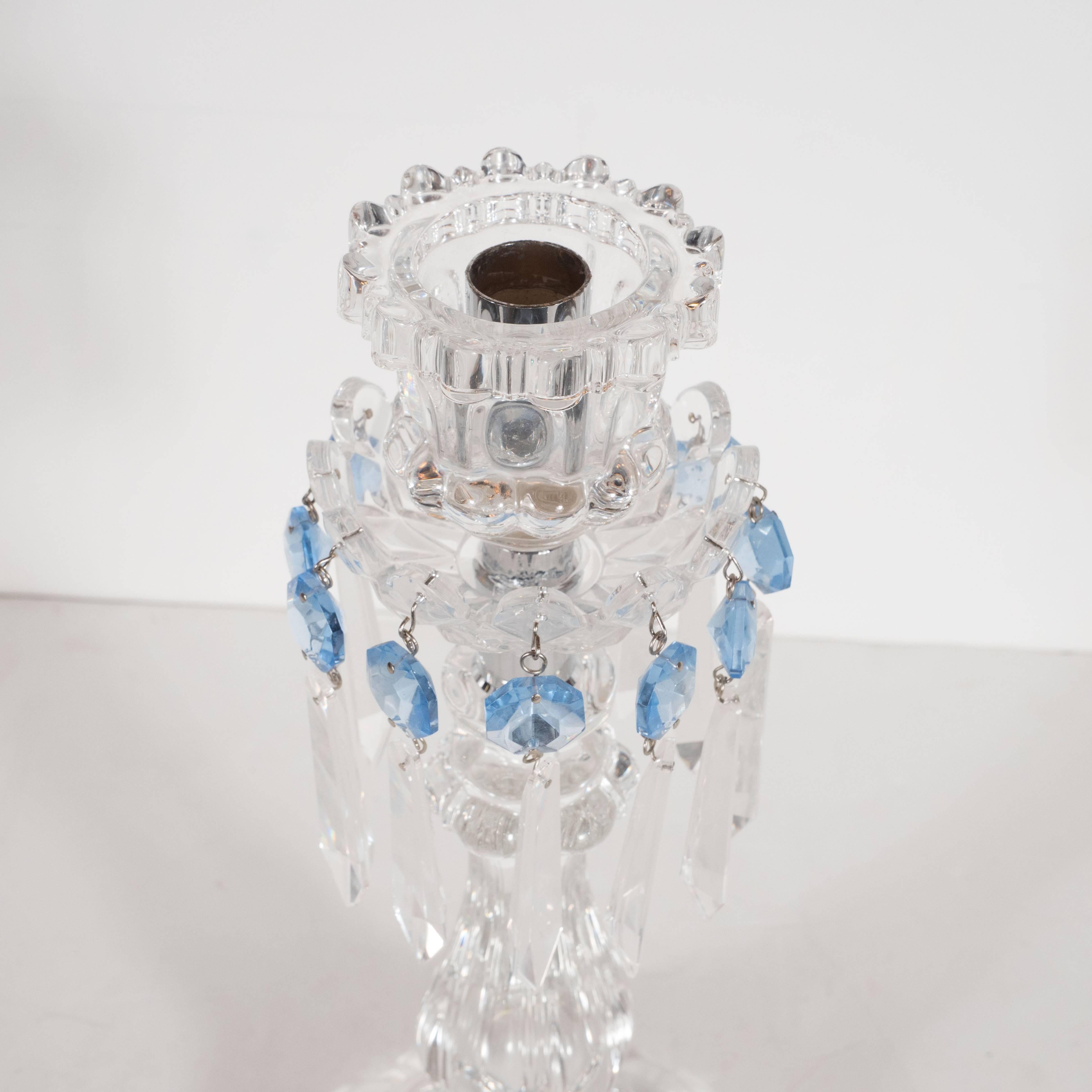 Columnar Crystal Girandoles in Translucent & Pale Sapphire Glass by Baccarat In Excellent Condition In New York, NY