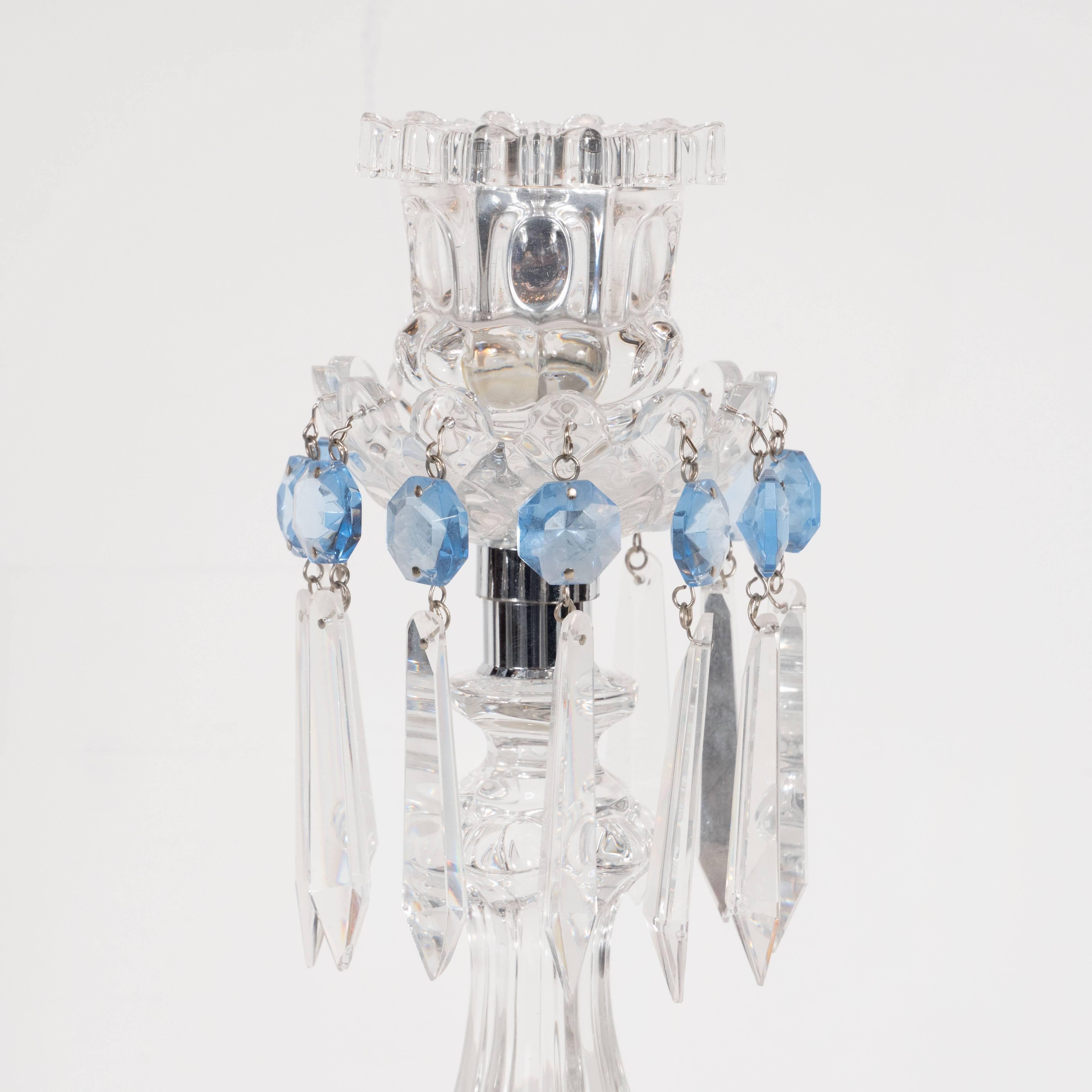 Hollywood Regency Columnar Crystal Girandoles in Translucent & Pale Sapphire Glass by Baccarat