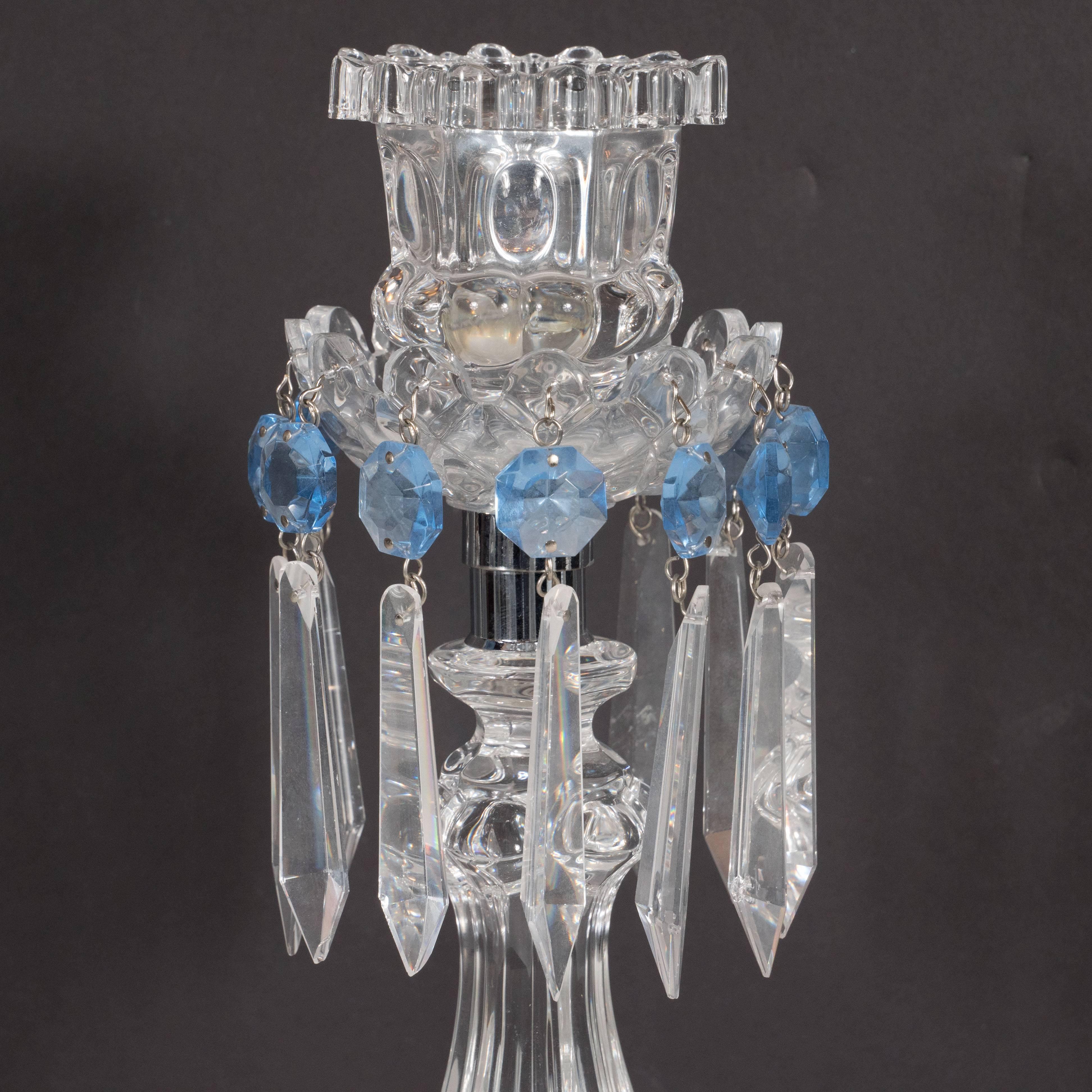 French Columnar Crystal Girandoles in Translucent & Pale Sapphire Glass by Baccarat