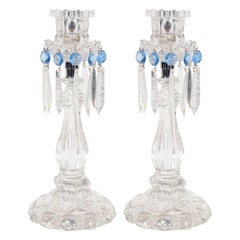 Vintage Columnar Crystal Girandoles in Translucent & Pale Sapphire Glass by Baccarat