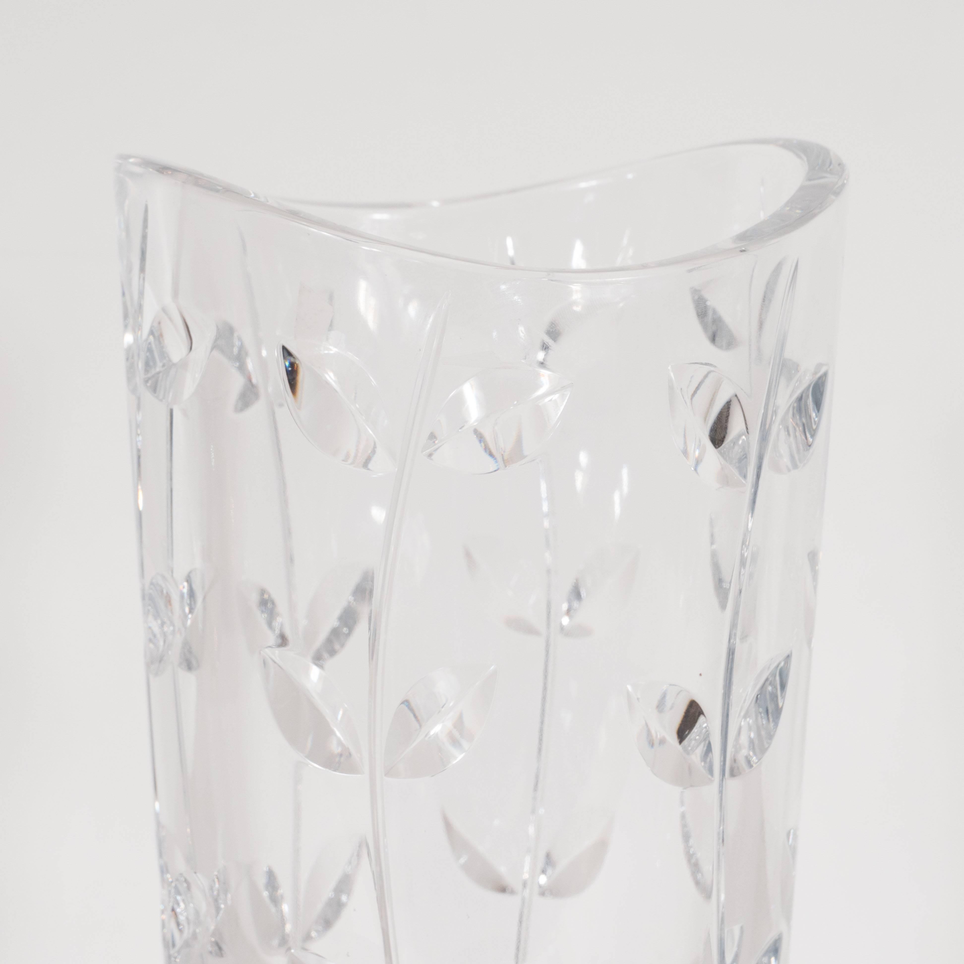 Etched Large Modernist Crystal Vase with Incised Foliate Patterns by Tiffany & Co.