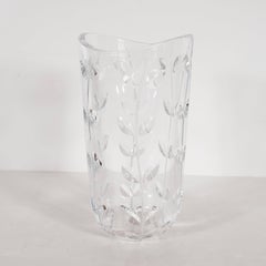 Large Modernist Crystal Vase with Incised Foliate Patterns by Tiffany & Co.