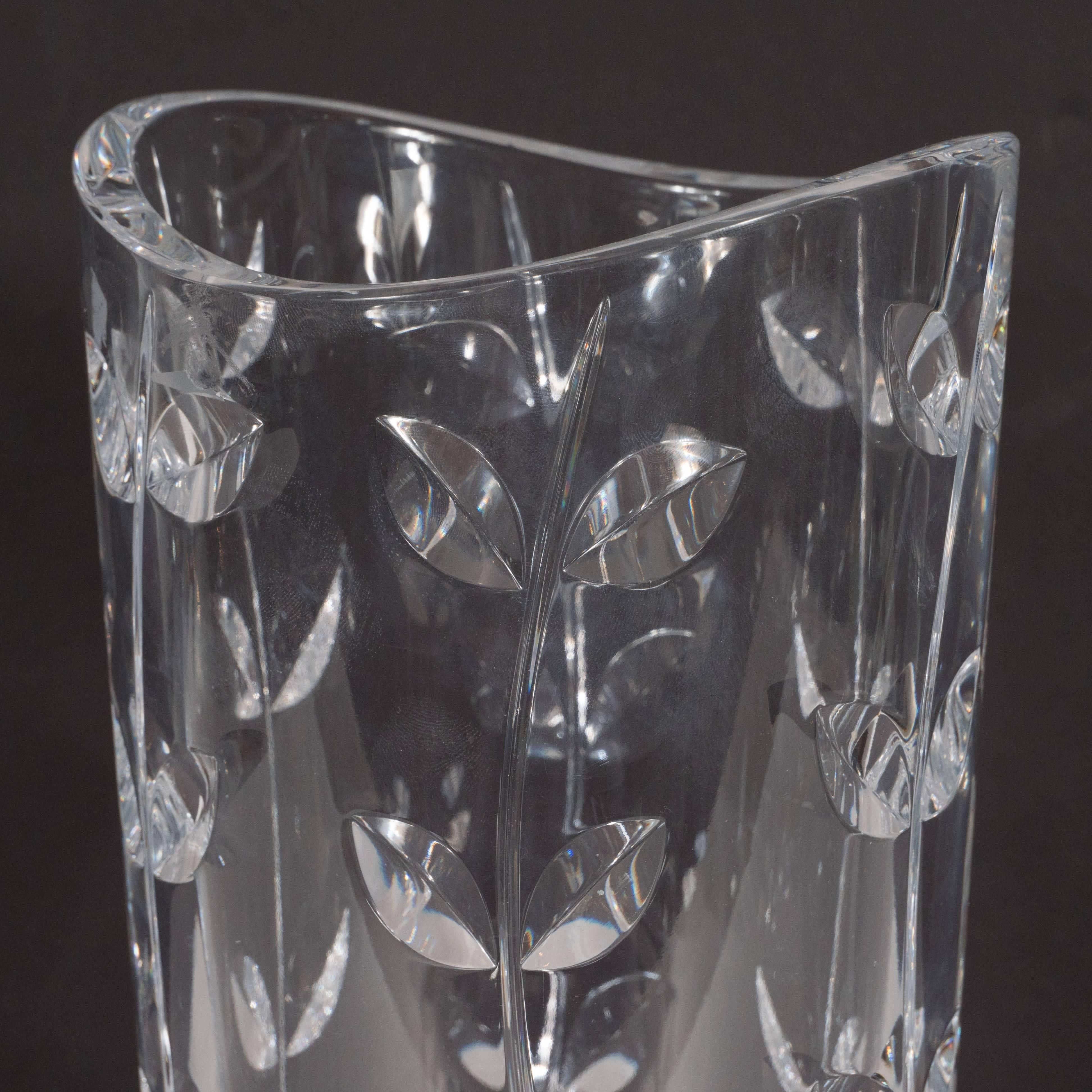 Large Modernist Crystal Vase with Incised Foliate Patterns by Tiffany & Co. In Excellent Condition In New York, NY