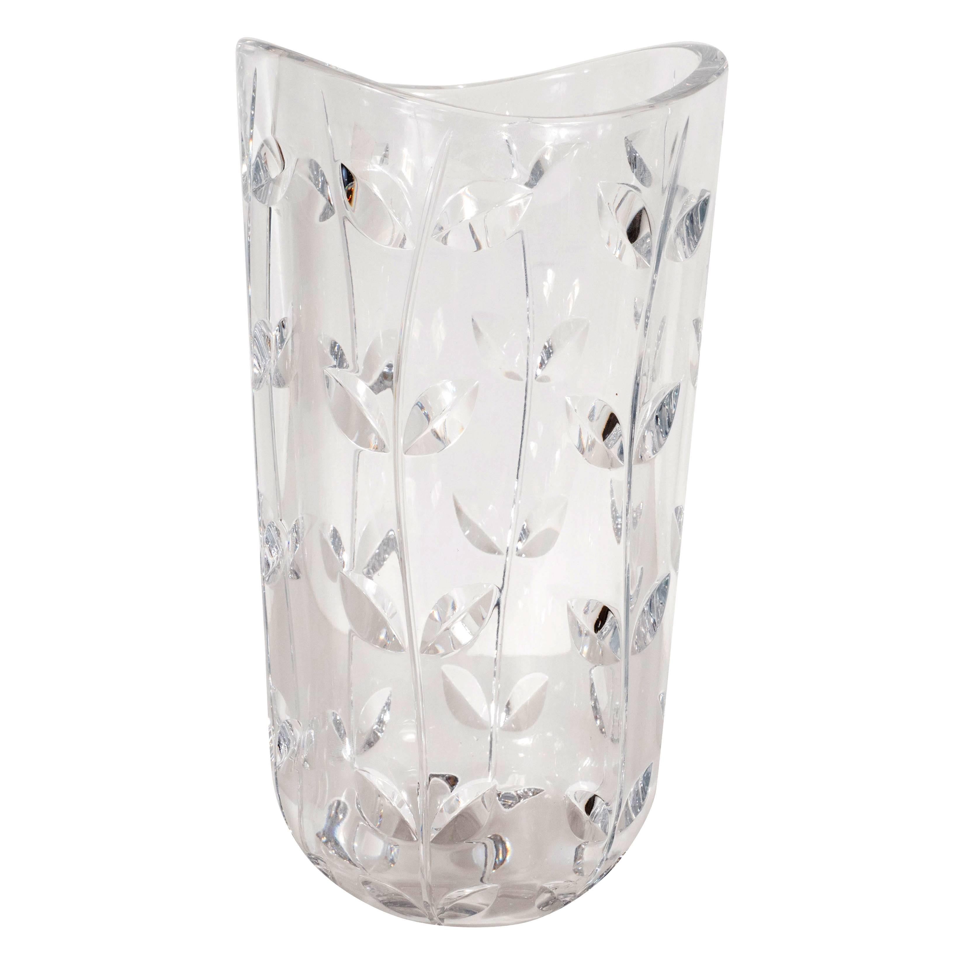 Large Modernist Crystal Vase with Incised Foliate Patterns by Tiffany & Co.